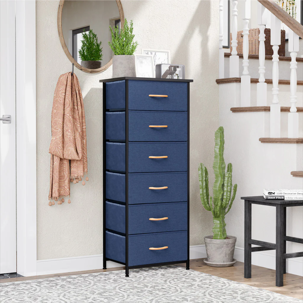 Blue and Black Steel and Fabric Six Drawer Chest By Homeroots