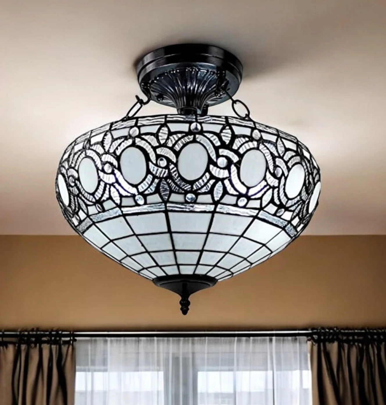 Blue and Black Tiffany Style Two Light Glass Dimmable Semi Flush Ceiling Light By Homeroots
