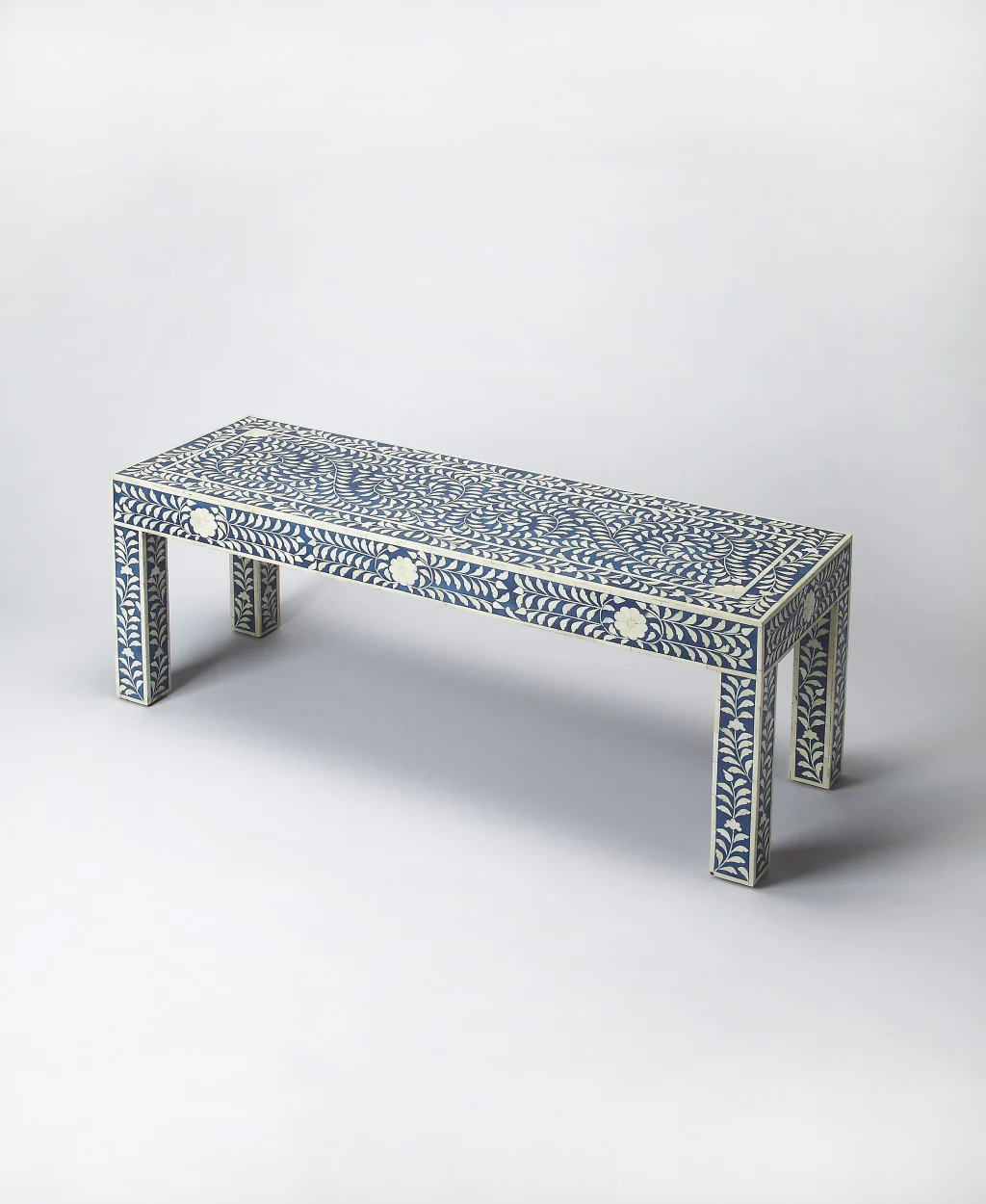 Blue and Ivory Bone Inlay Bench By Homeroots