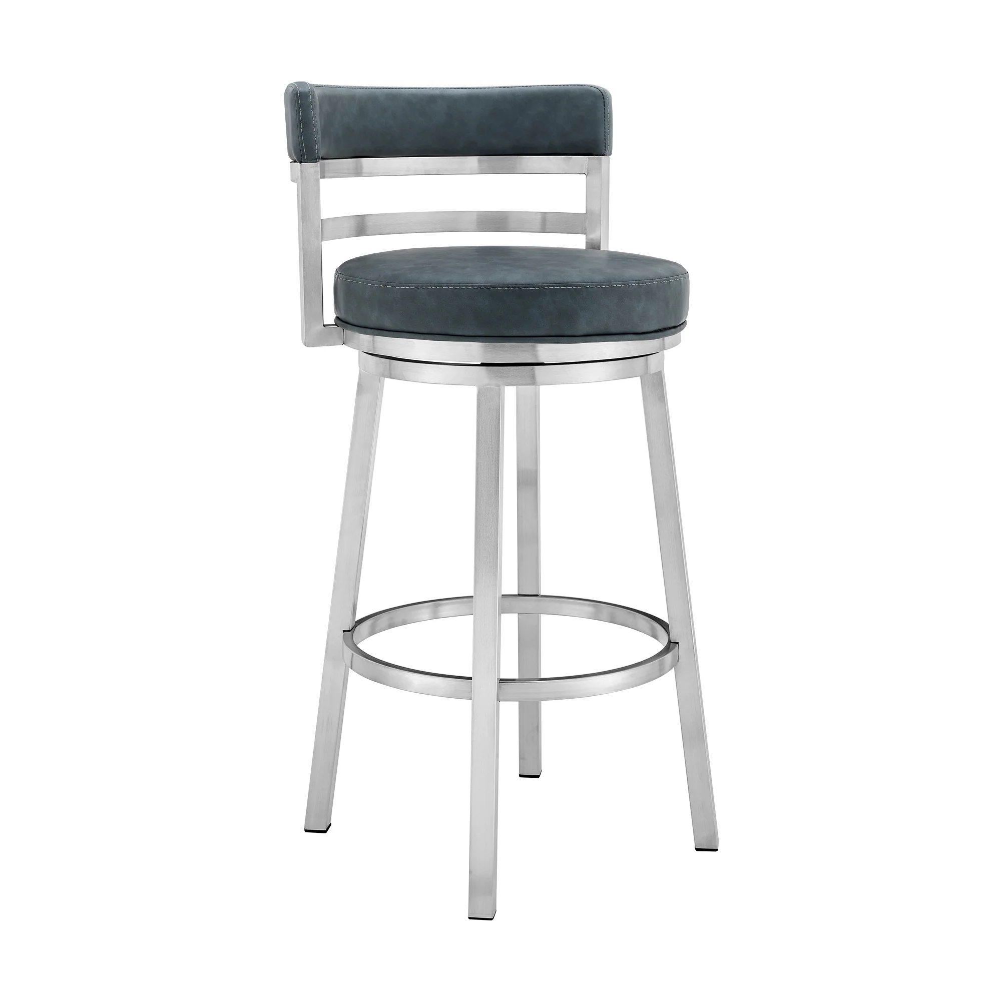 Blue and Silver Faux Leather and Stainless Steel Low Back Counter Height Swivel Bar Chair By Homeroots - Image 2