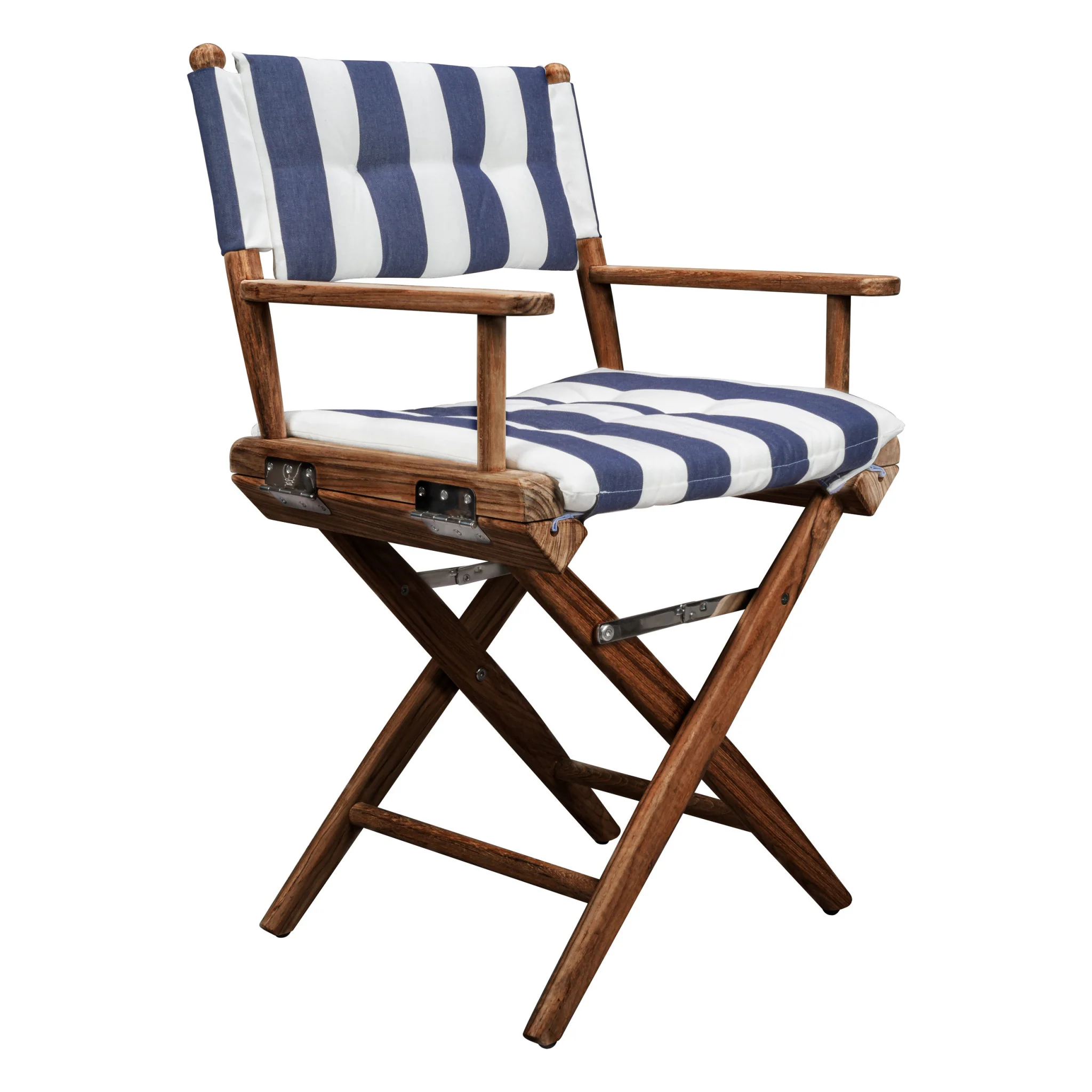 Blue and White and Natural Wood Solid Wood Indoor Outdoor Director Chair with Blue and White Cushion By Homeroots