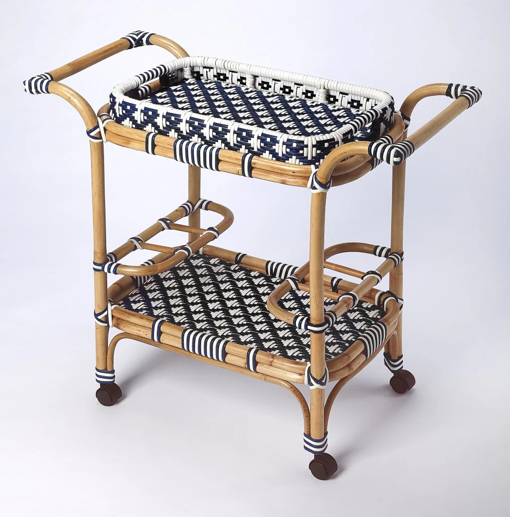 Blue And White Rattan Bar Cart By Homeroots