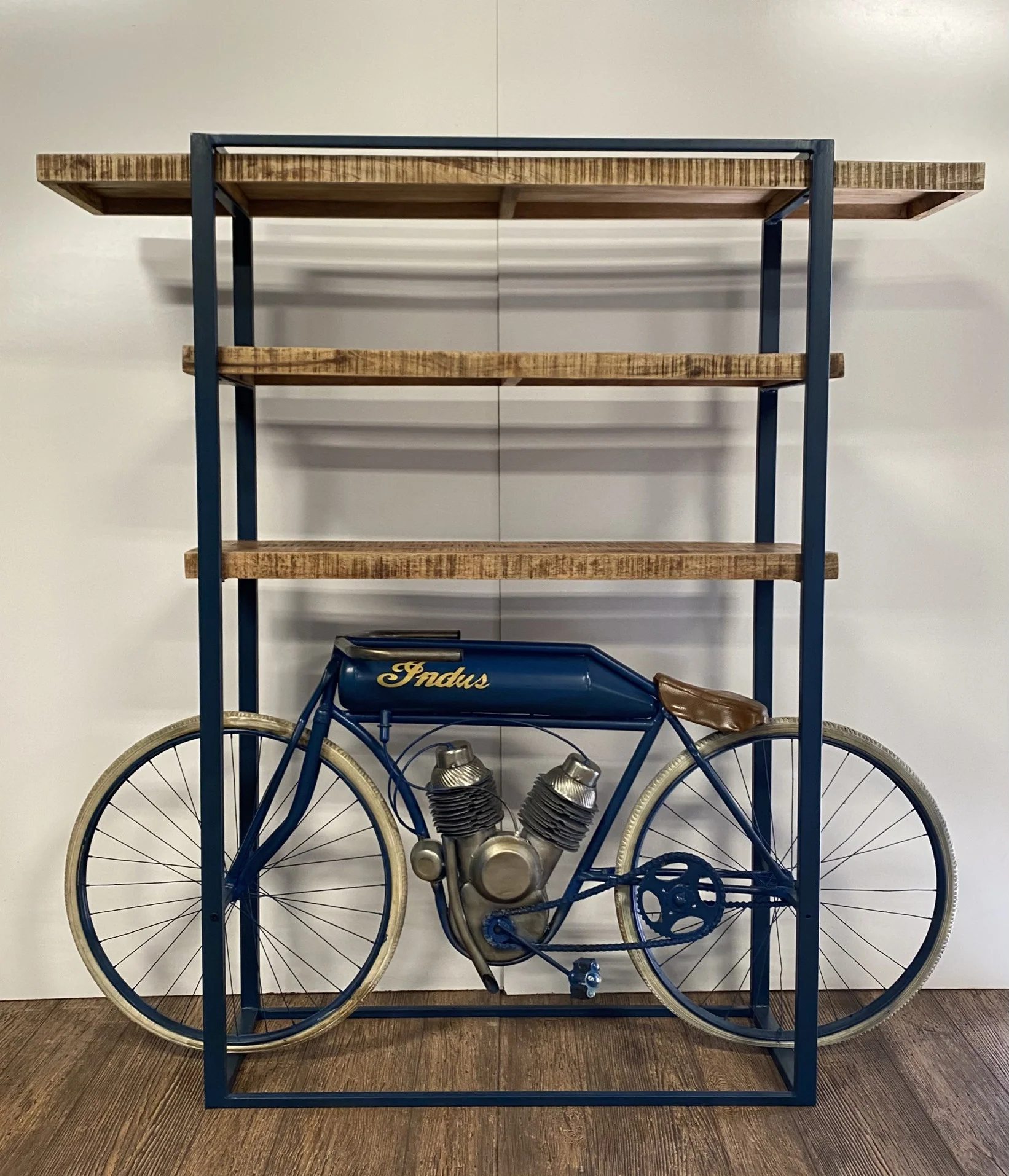 Blue Metal Mango Wood Cycle Book Shelf Bar Counter By Homeroots