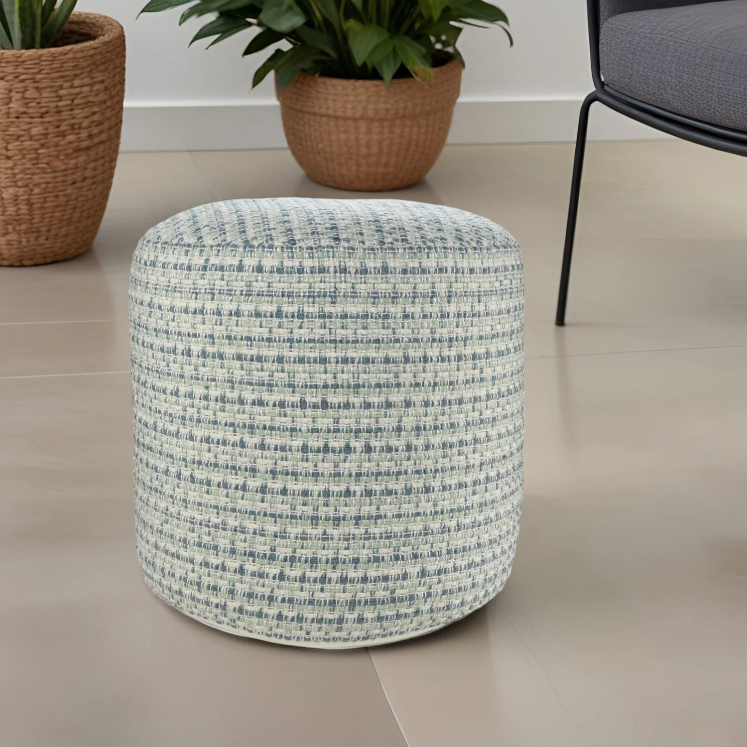 Blue Polyester Round Geometric Indoor Outdoor Pouf Ottoman By Homeroots