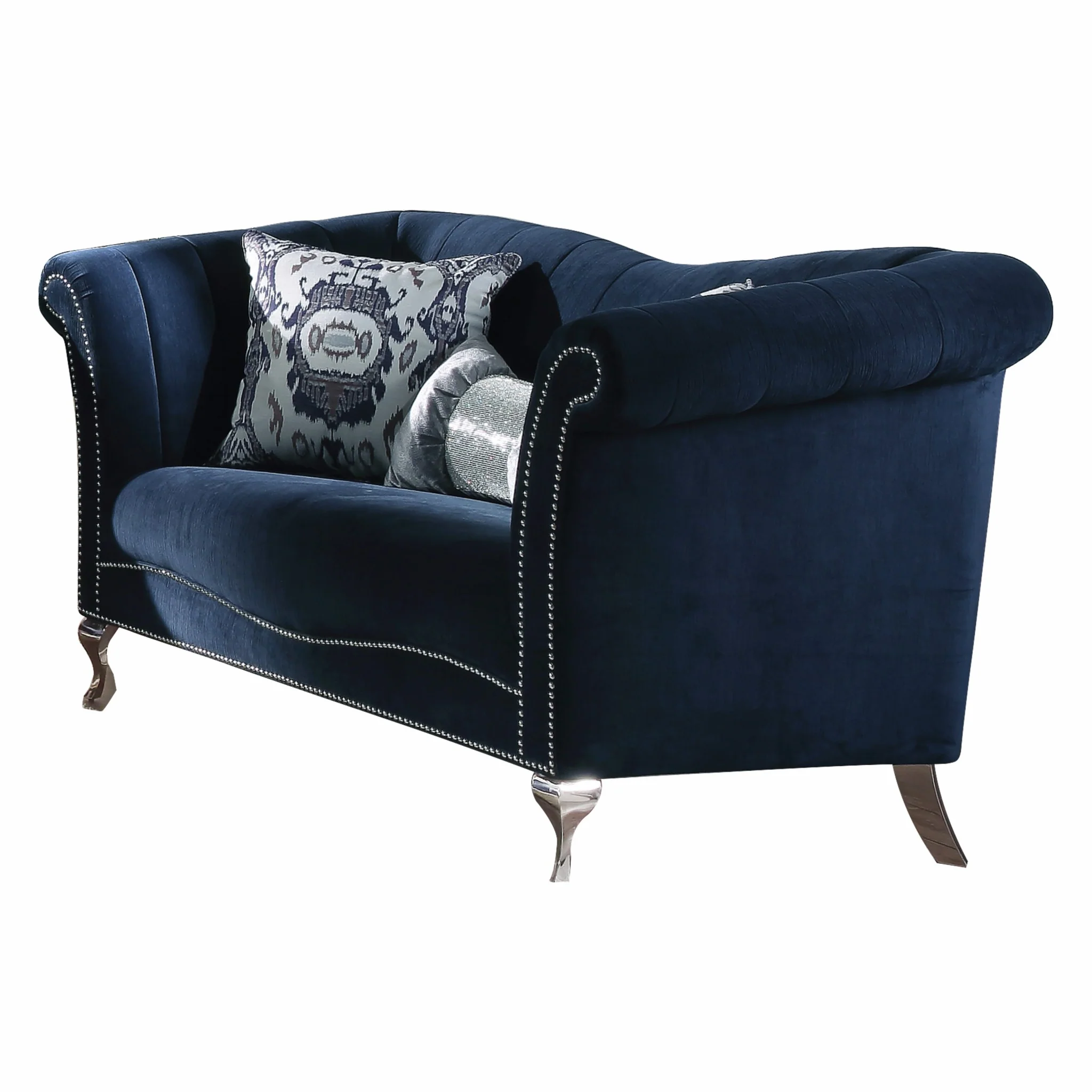 Blue Velvet Upholstery Acrylic Leg Loveseat w Pillows By Homeroots
