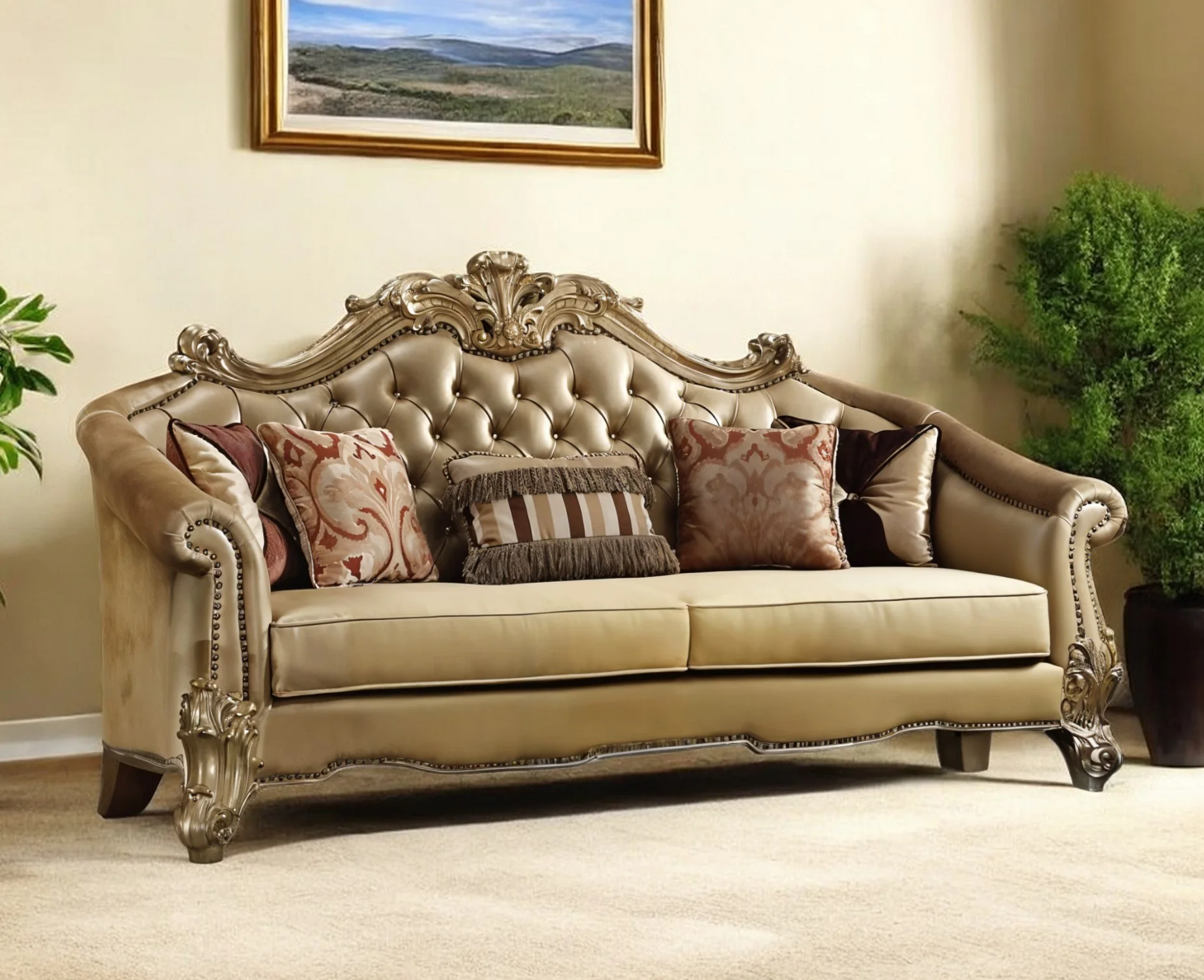 Bone Faux Leather Sofa And Toss Pillows With Gold Legs By Homeroots