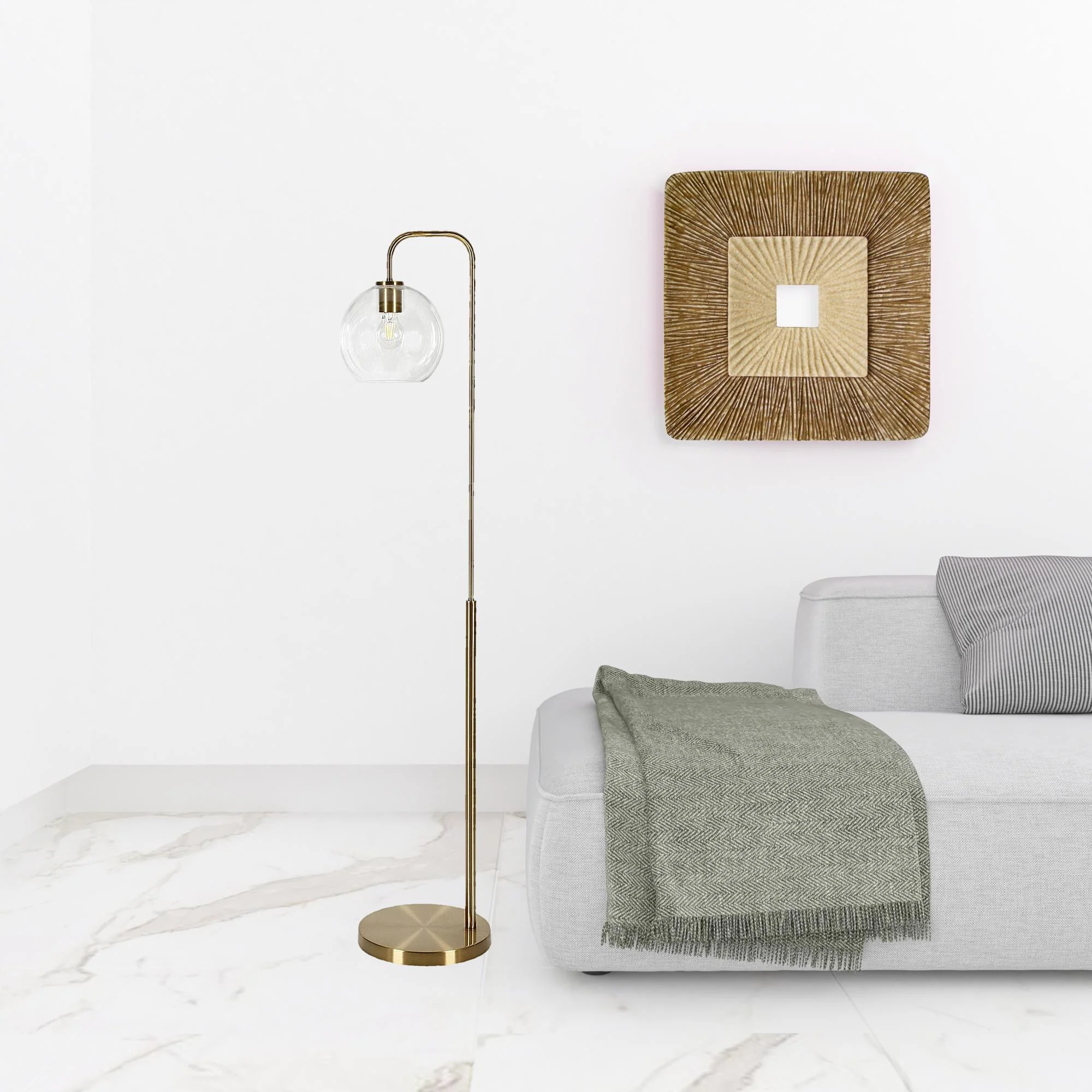 Brass Arched Floor Lamp With Clear Transparent Glass Globe Shade By Homeroots - Image 3