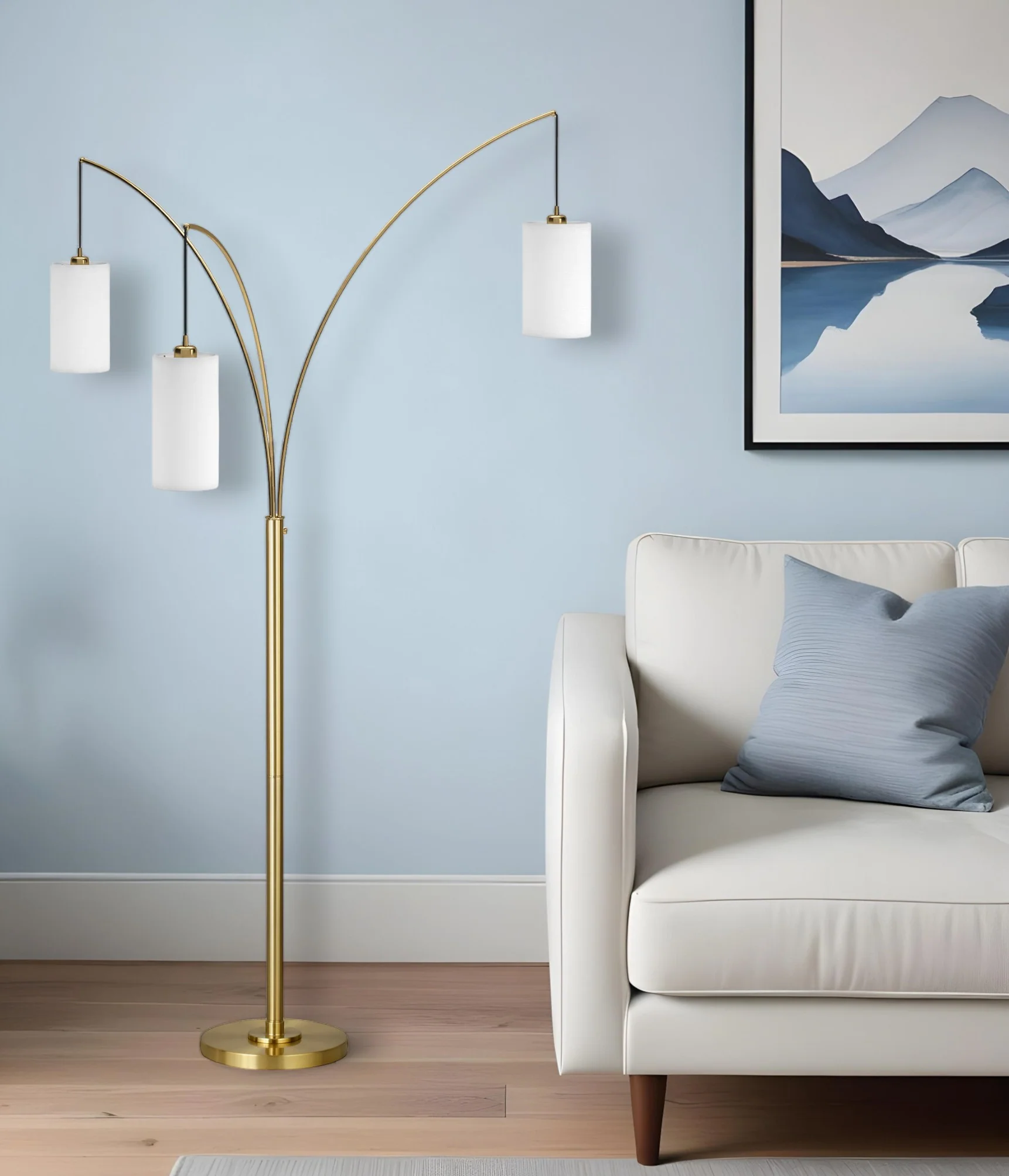 Brass Three Light Tree Floor Lamp With White Frosted Glass Drum Shade By Homeroots