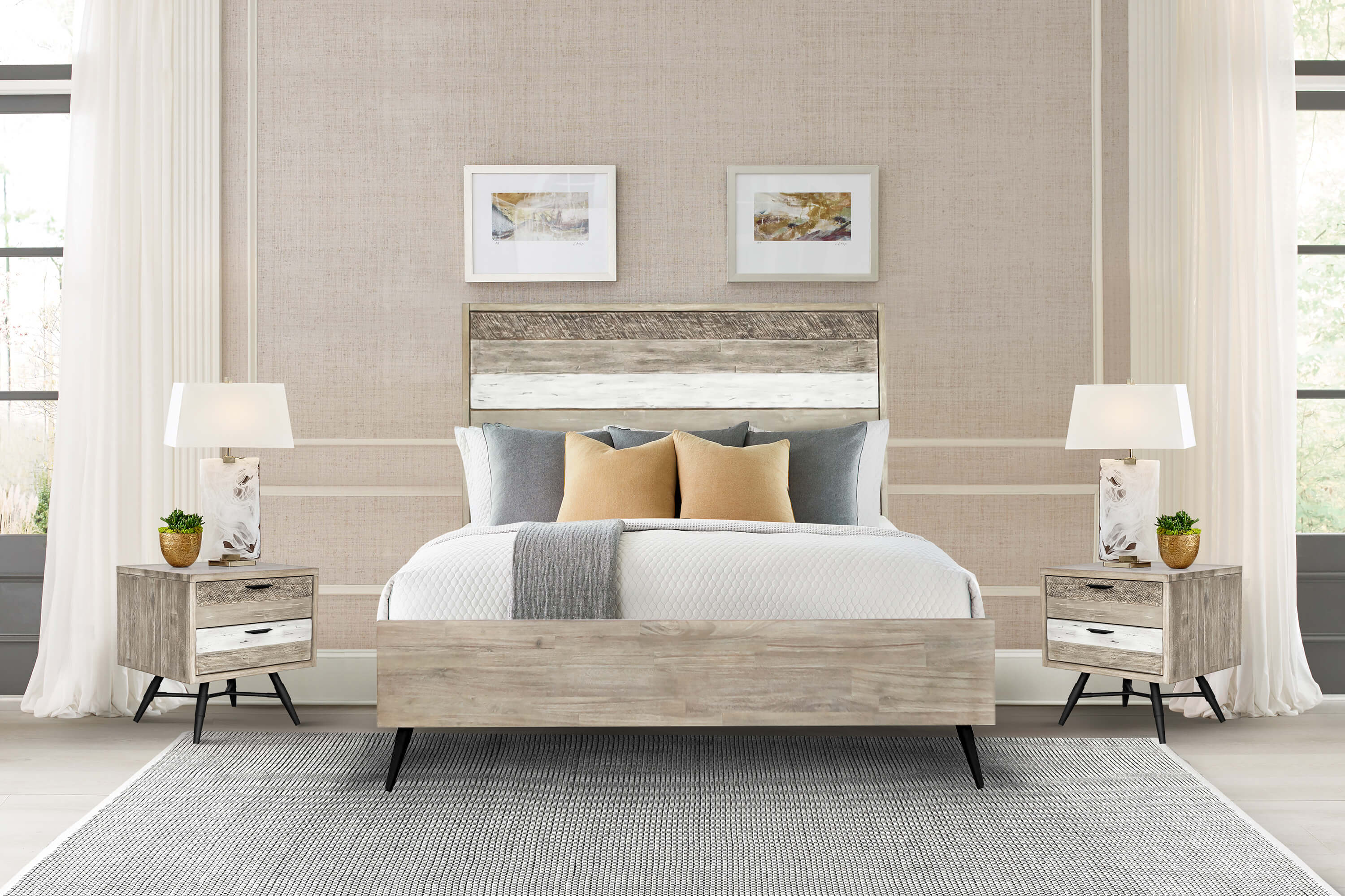 Bridges 3 Piece Queen Bedroom Set in Two-Tone Acacia Wood By Armen Living