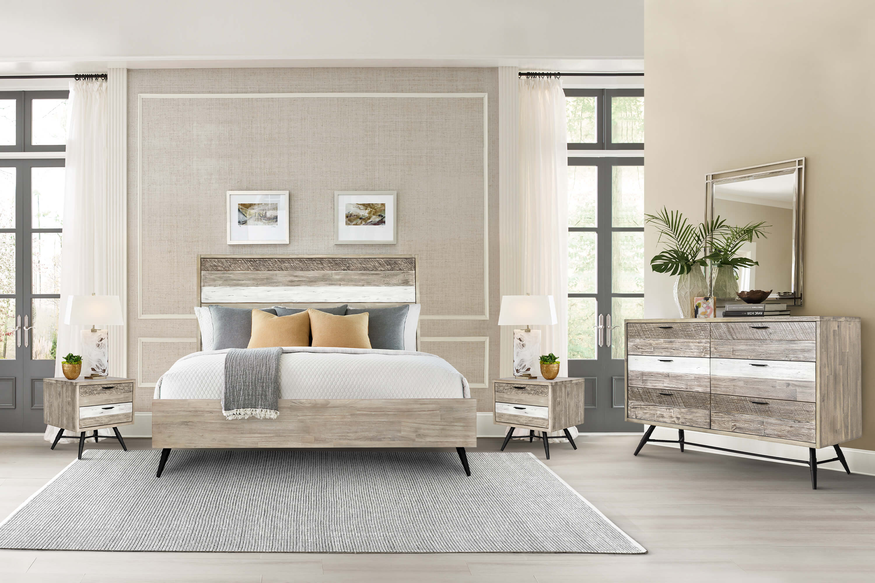 Bridges 4 Piece King Bedroom Set in Two-Tone Acacia Wood By Armen Living