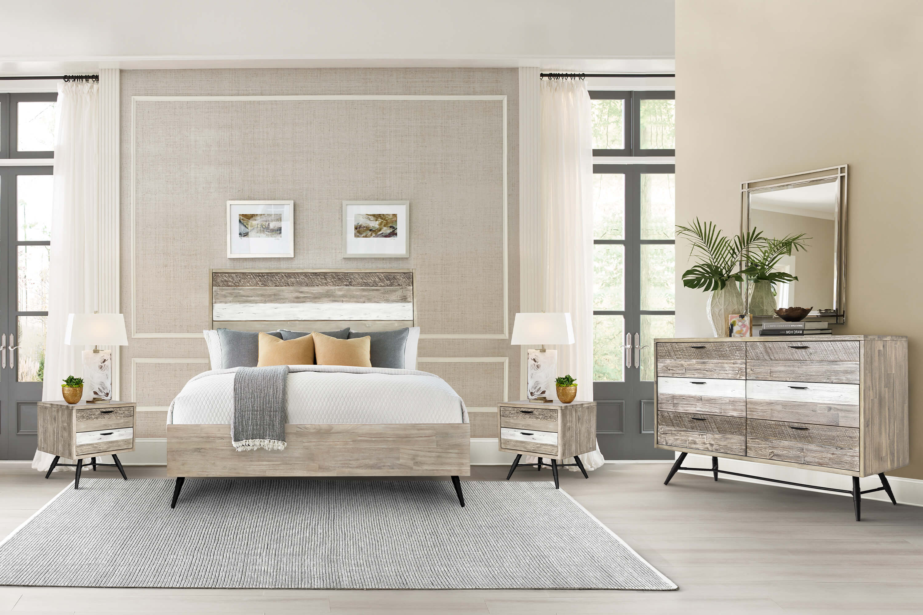 Bridges 4 Piece Queen Bedroom Set in Two-Tone Acacia Wood By Armen Living