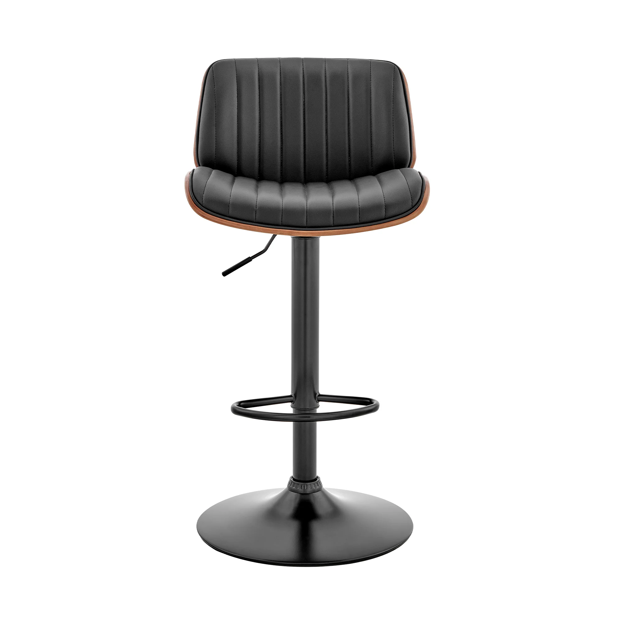 Brock Adjustable Black Faux Leather and Walnut Wood Bar Stool with Black Base By Armen Living - Image 3