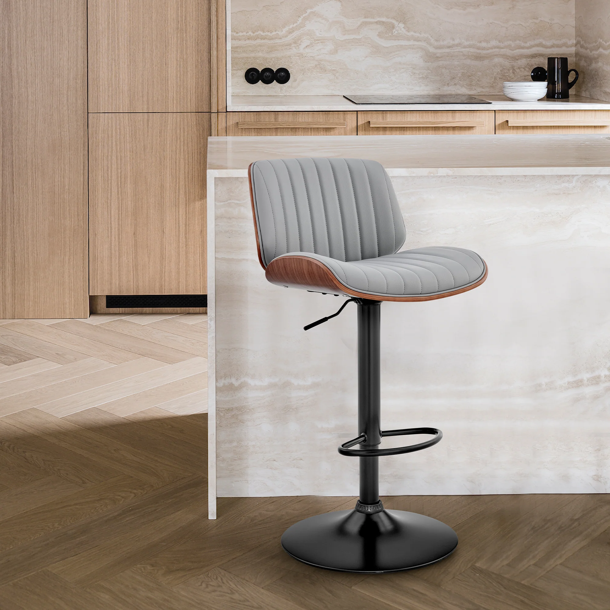 Brock Adjustable Gray Faux Leather and Walnut Wood with Black Finish Bar Stool By Armen Living