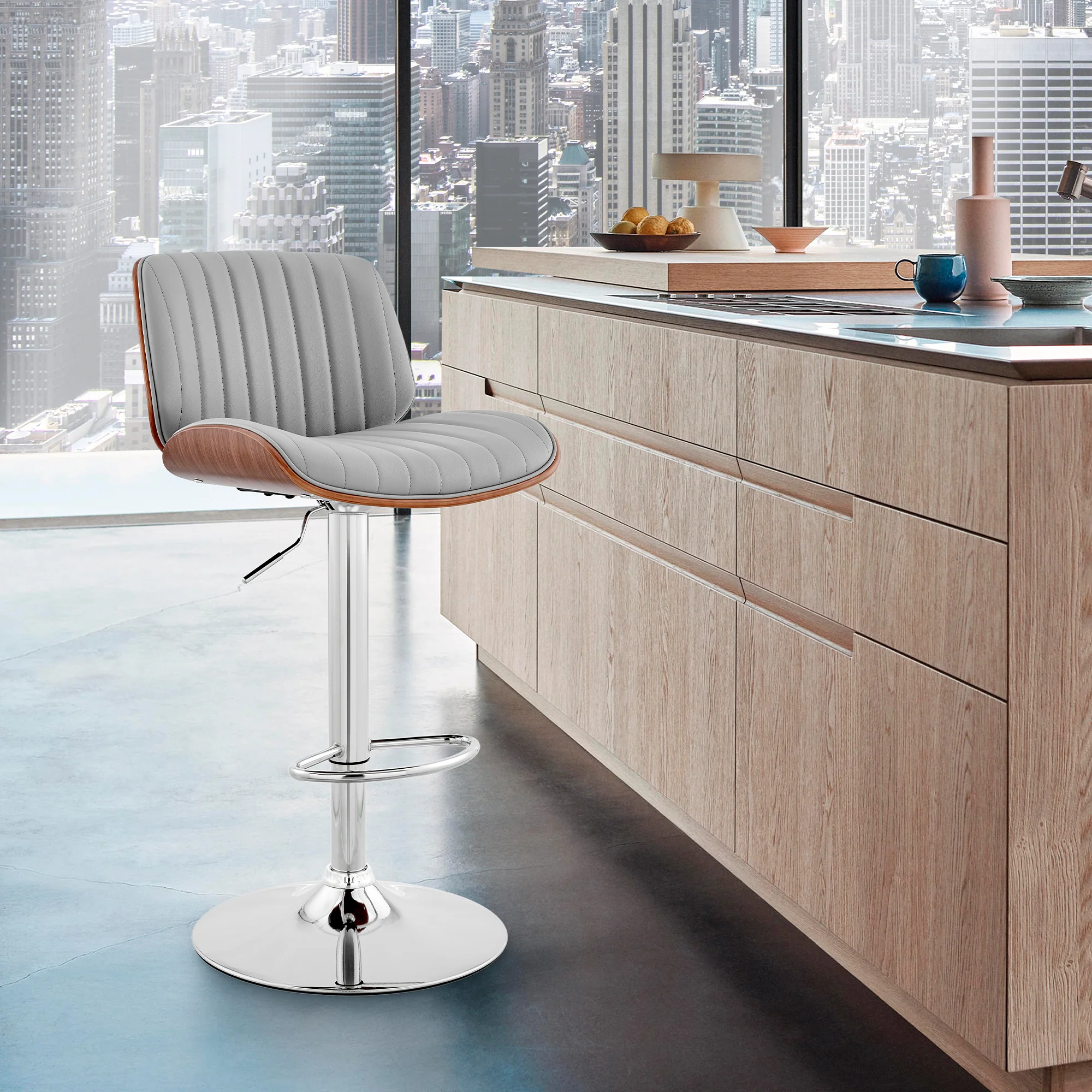 Brock Adjustable Gray Faux Leather and Walnut Wood with Chrome Finish Bar Stool By Armen Living