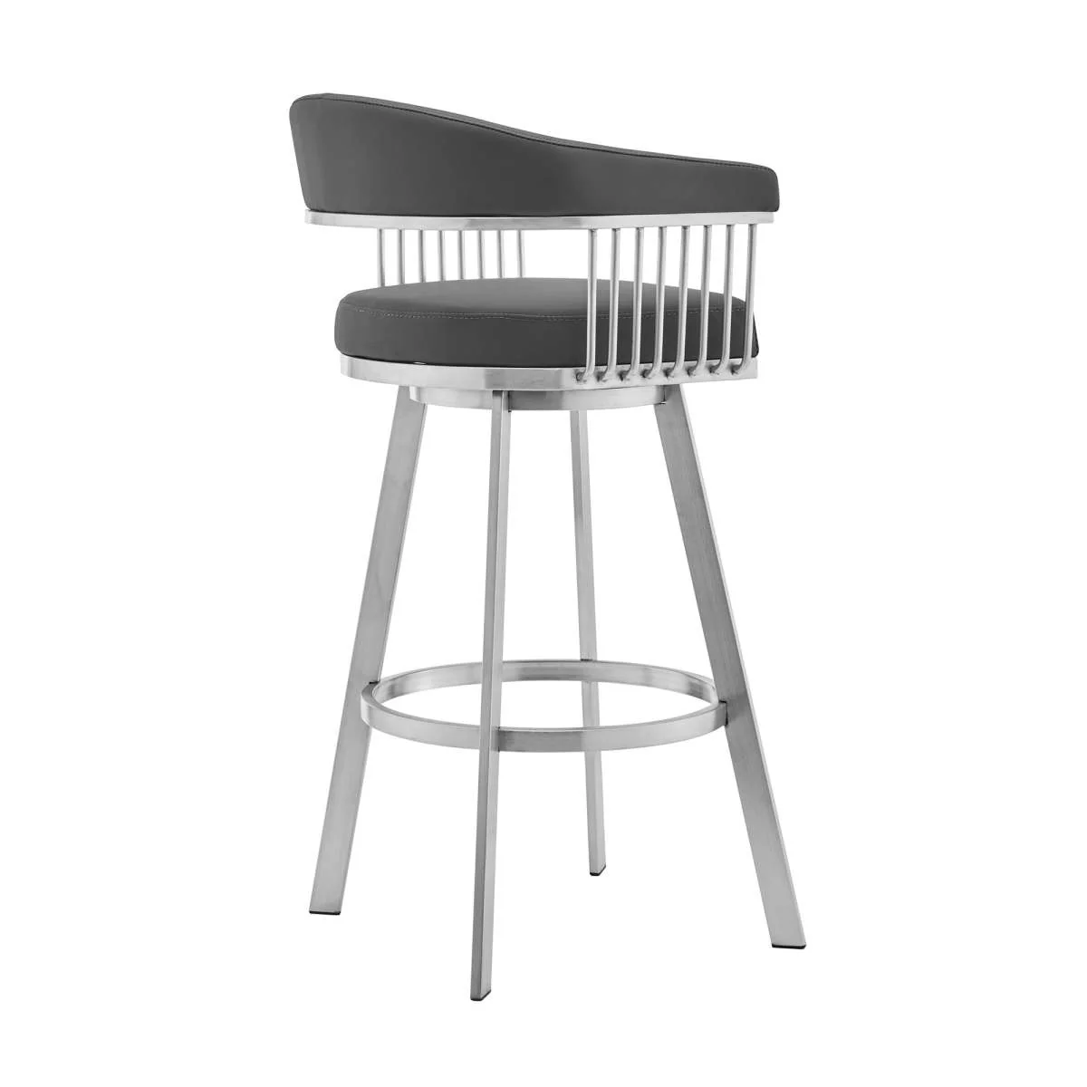 Bronson 26" Gray Faux Leather and Brushed Stainless Steel Swivel Bar Stool By Armen Living - Image 4