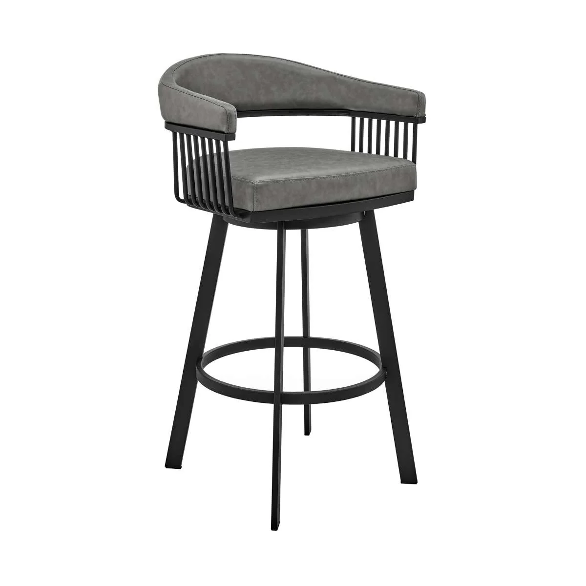 Bronson 30" Bar Height Swivel Bar Stool in Black Finish and Gray Faux Leather By Armen Living