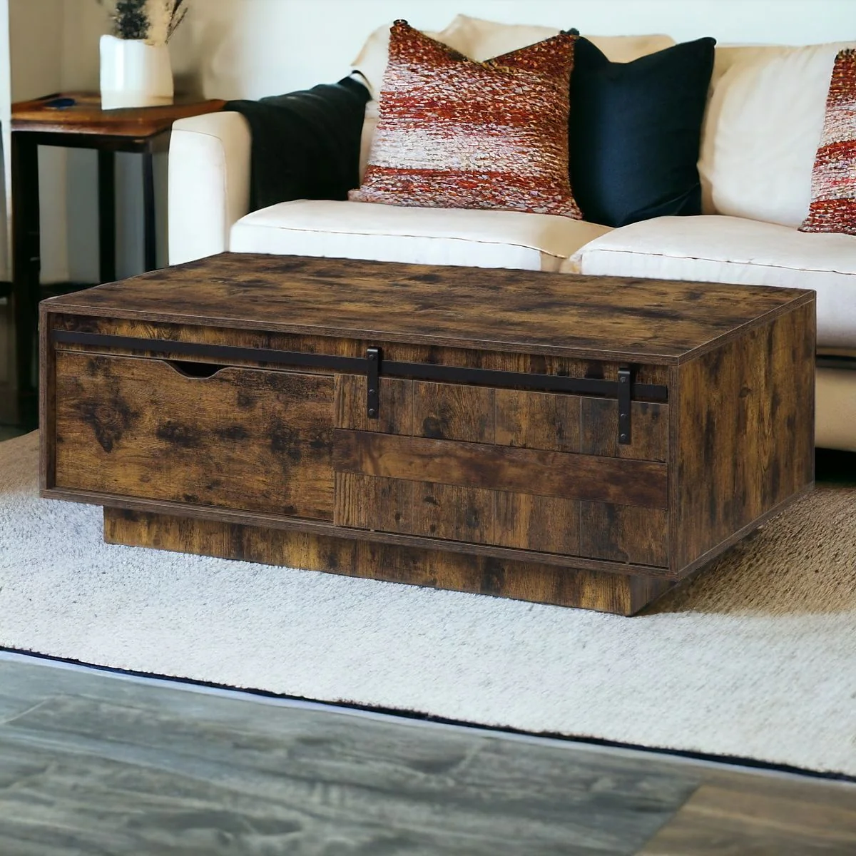Brown and Black Melamine Veneer And Wood Coffee Table With Drawer And Shelf By Homeroots