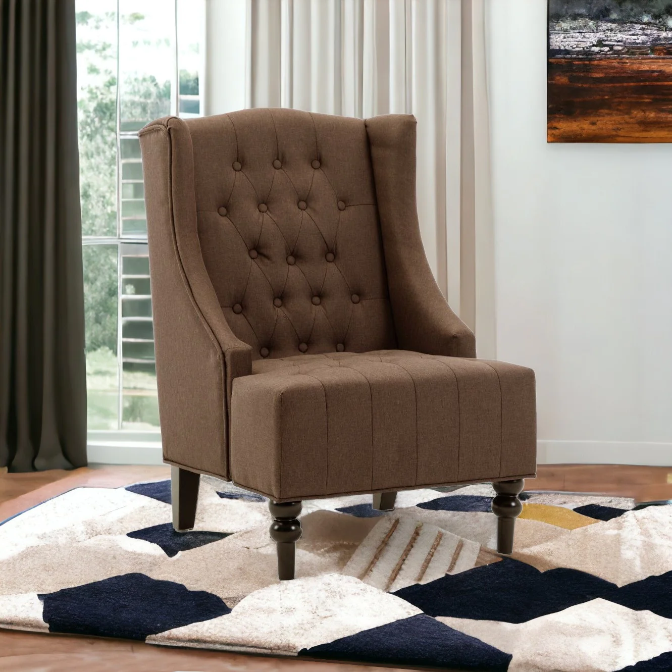 Brown and Black Velvet Tufted Wingback Chair By Homeroots