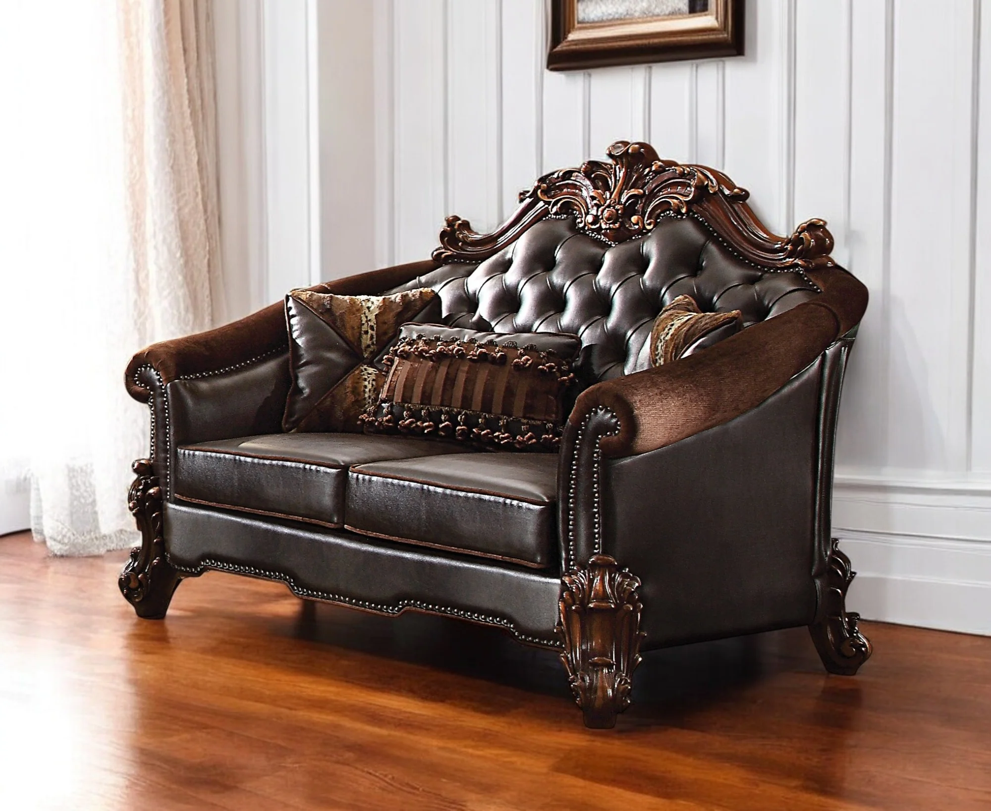 Brown And Dark Brown Chenille And Faux Leather Loveseat and Toss Pillows By Homeroots