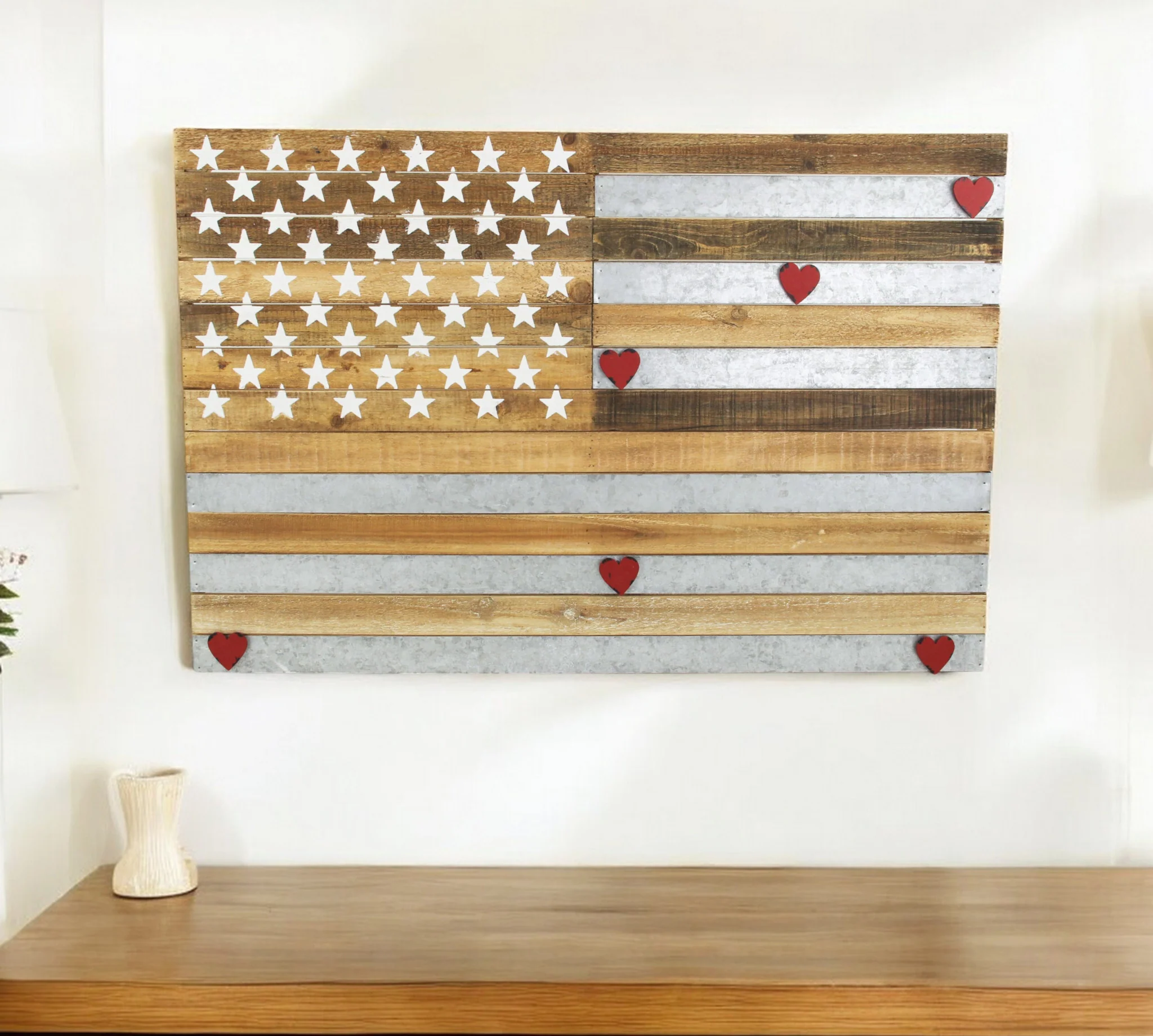 Brown and Gray Stars And Stripes Wood and Metal Hanging Dimensional Sculpture By Homeroots