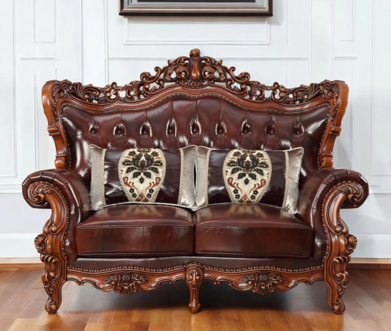 Brown And Walnut Top Grain Leather Curved Loveseat and Toss Pillows By Homeroots