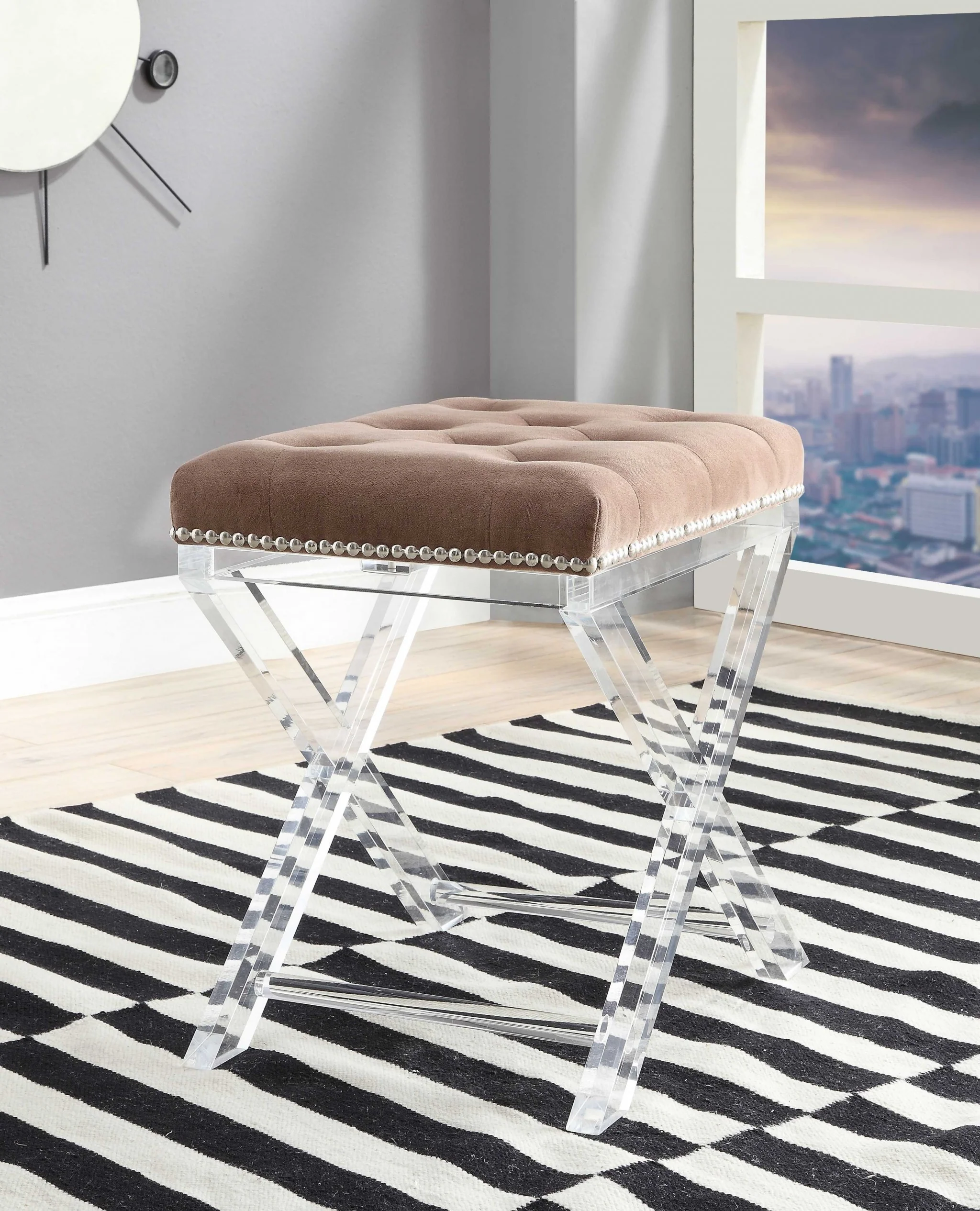 Brown Fabric And Clear Acrylic Stool By Homeroots