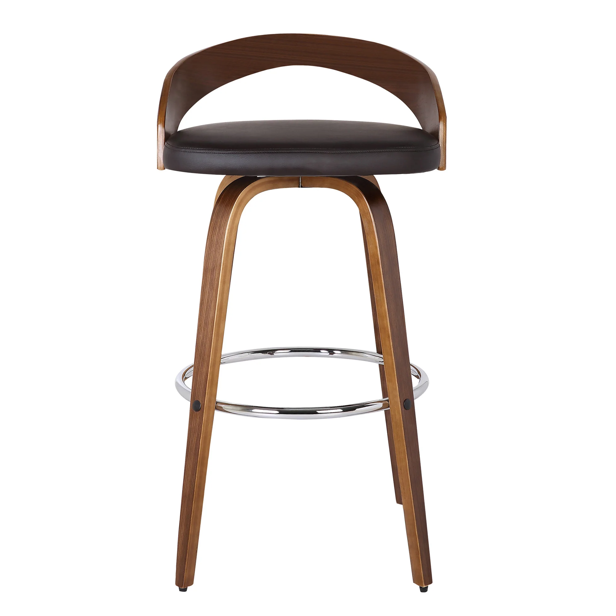 Brown Faux Leather and Solid Wood Low Back Bar Height Swivel Bar Chair By Homeroots - Image 2