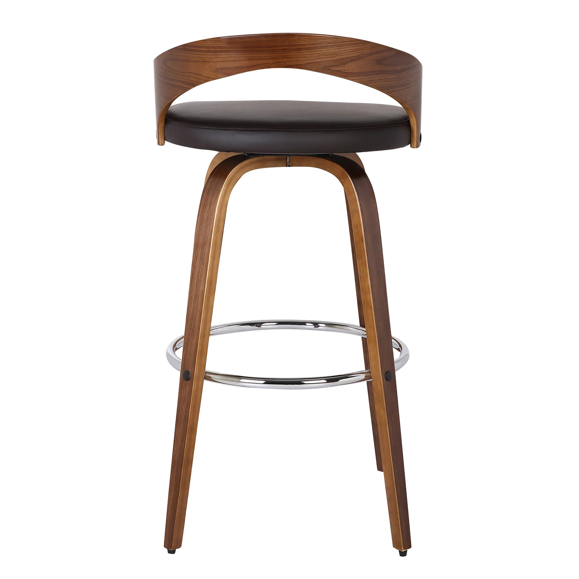 Brown Faux Leather and Solid Wood Low Back Bar Height Swivel Bar Chair By Homeroots - Image 4
