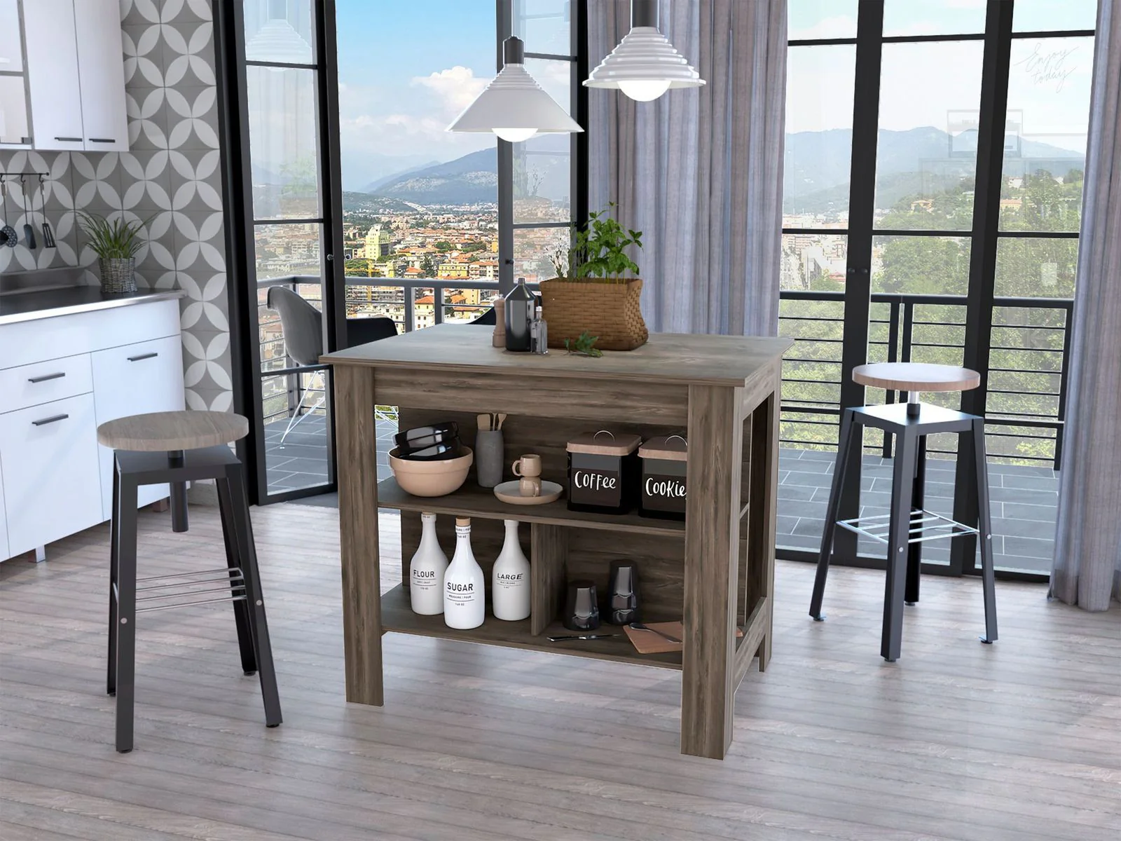 Brown Kitchen Island with Three Storage Shelves By Homeroots