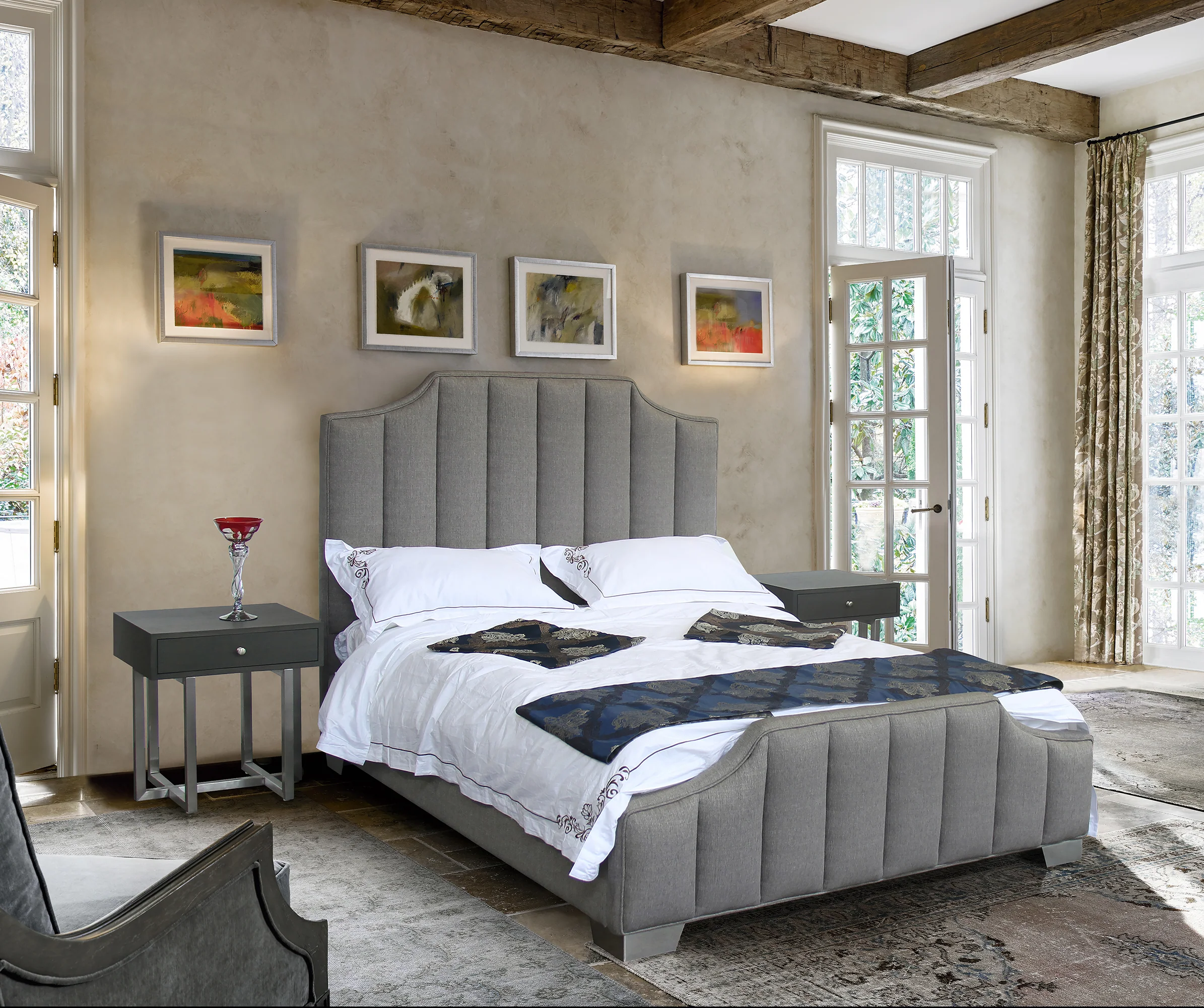 Camelot Contemporary Queen Bed with Polished Stainless Steel and Gray Fabric By Armen Living