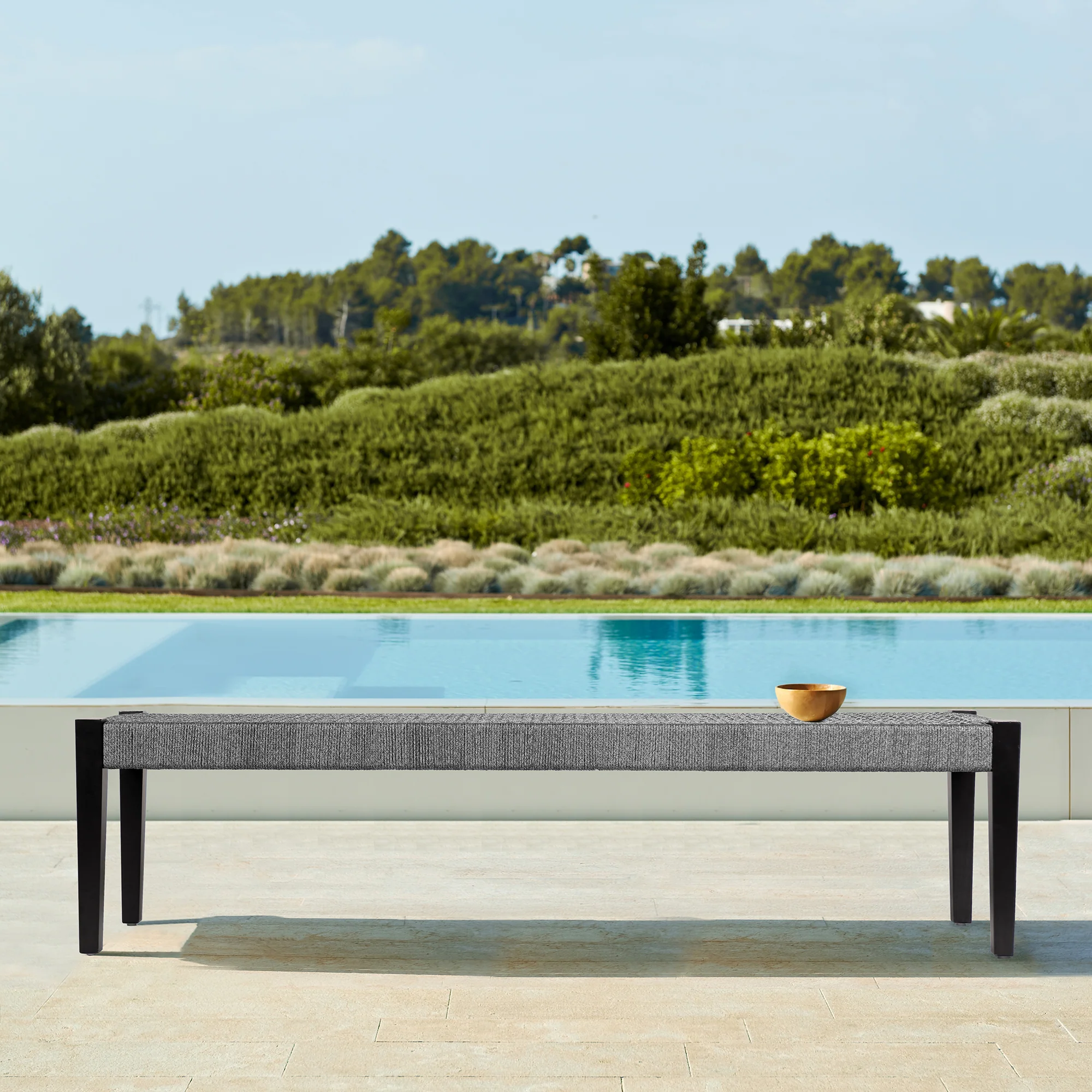 Camino Indoor Outdoor Dining Bench in Eucalyptus Wood and Grey Rope By Armen Living
