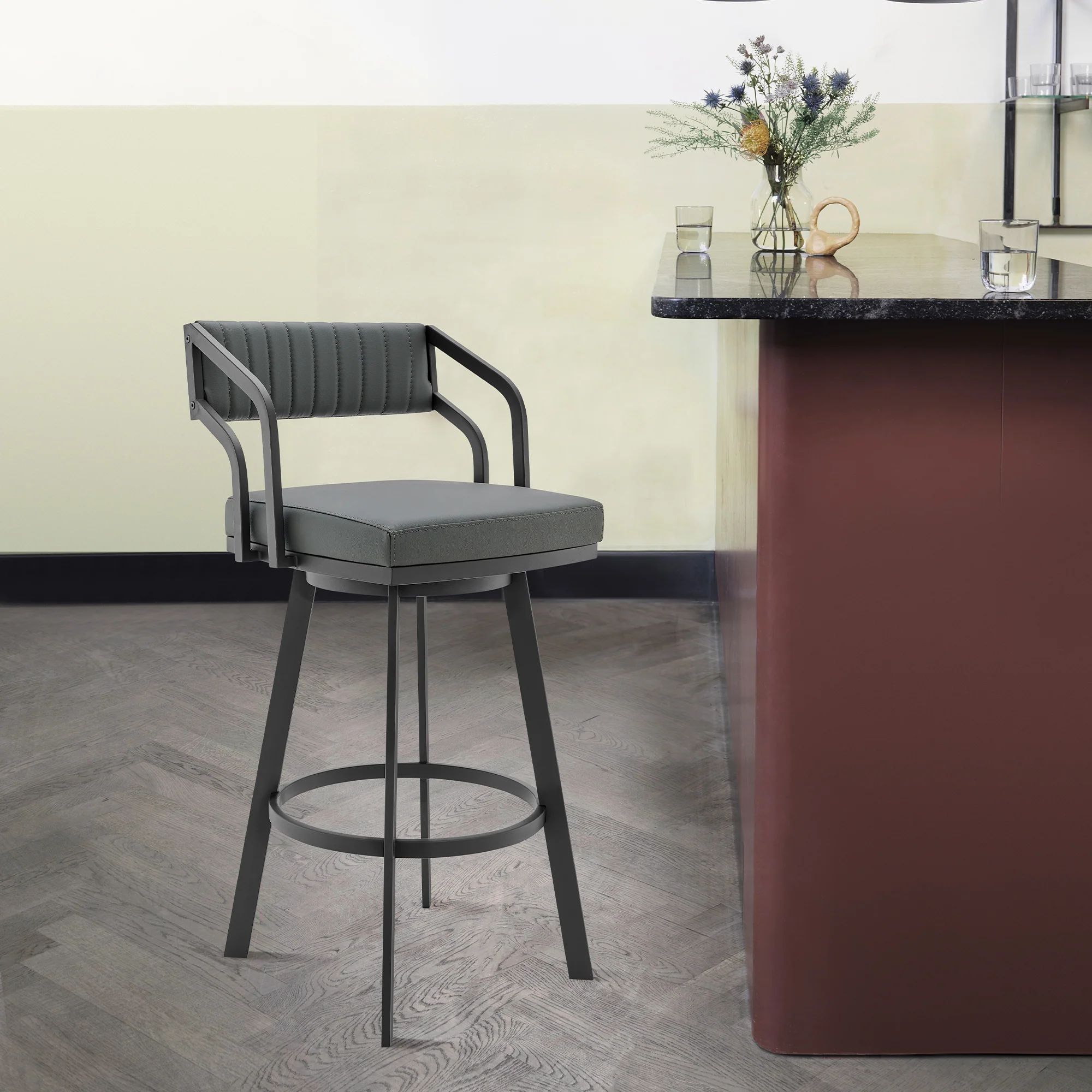 Capri 26" Swivel Modern Black Metal and Slate Gray Faux Leather Bar and Counter Stool By Armen Living