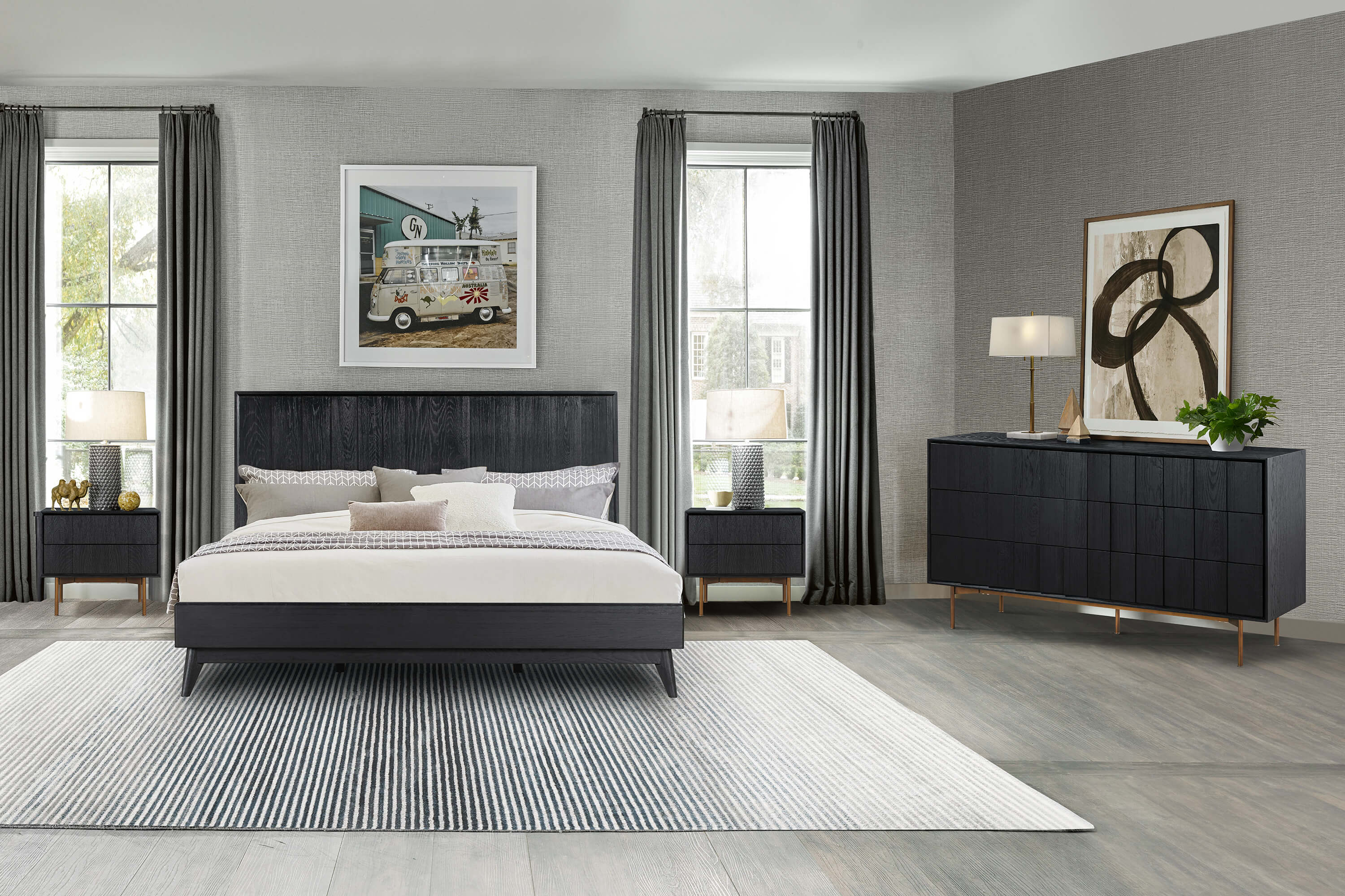 Carnaby King 4 Piece Bedroom Set in Black Brushed Oak Wood By Armen Living