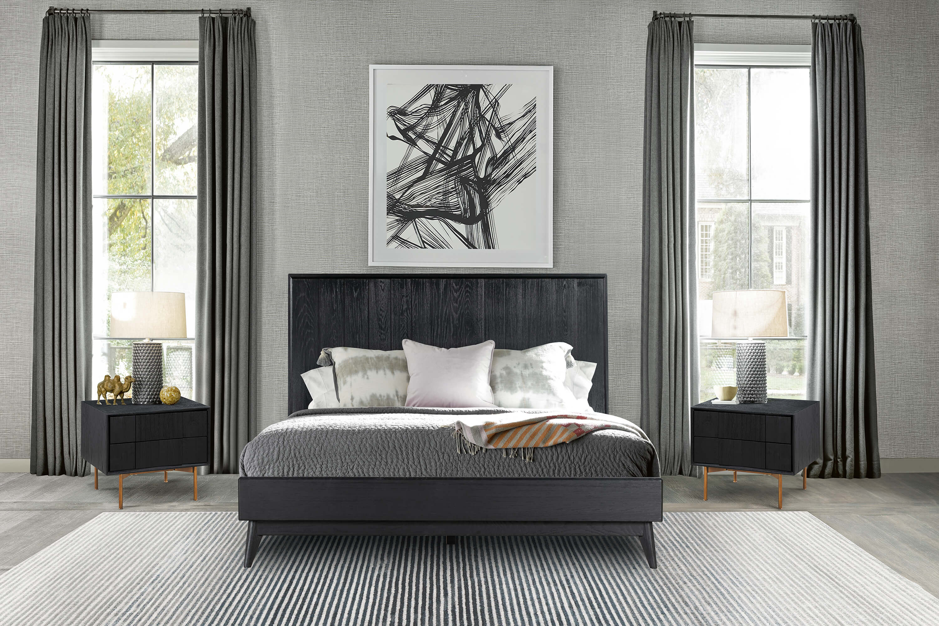 Carnaby Queen 3 Piece Bedroom Set in Black Brushed Oak Wood By Armen Living