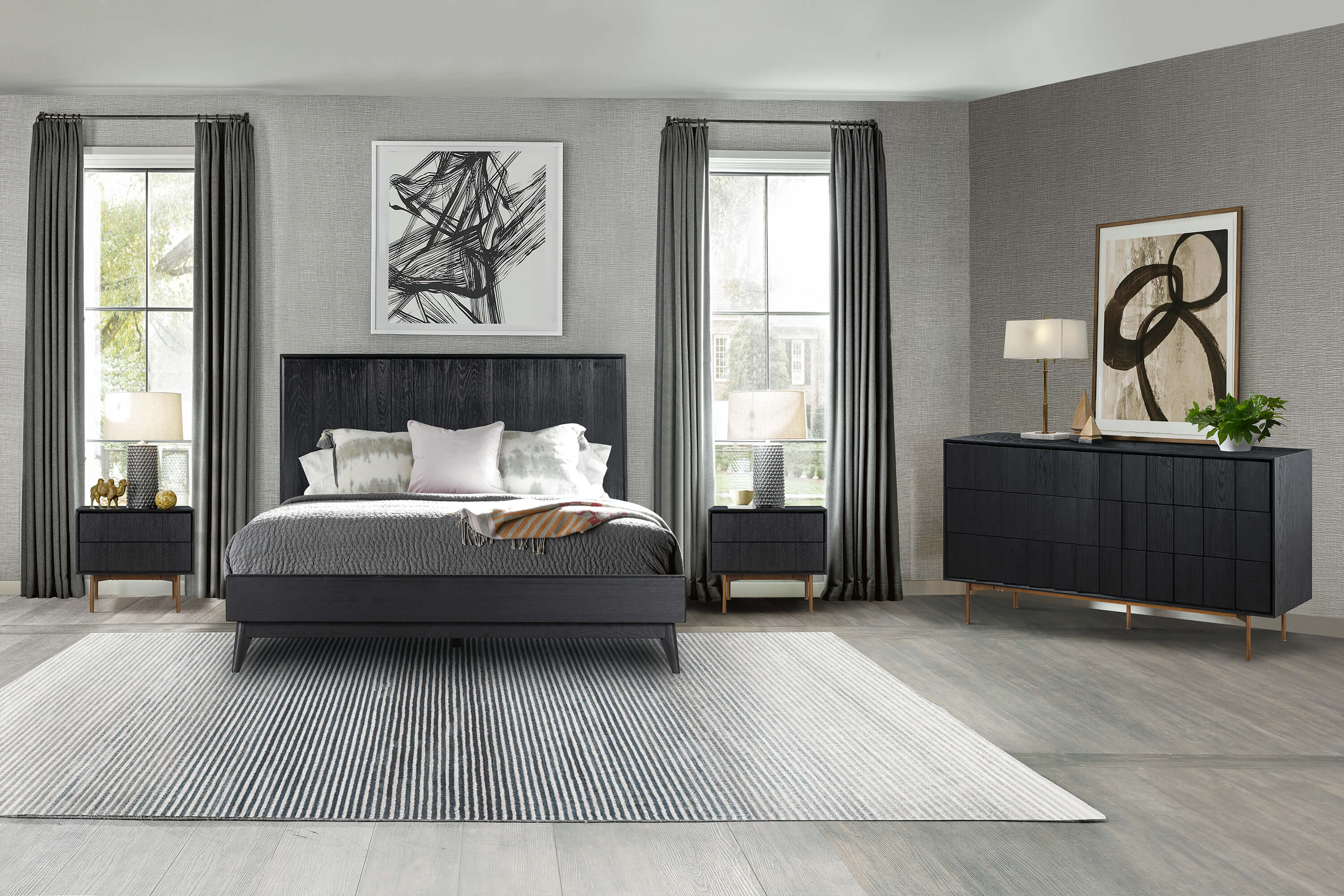 Carnaby Queen 4 Piece Bedroom Set in Black Brushed Oak Wood By Armen Living