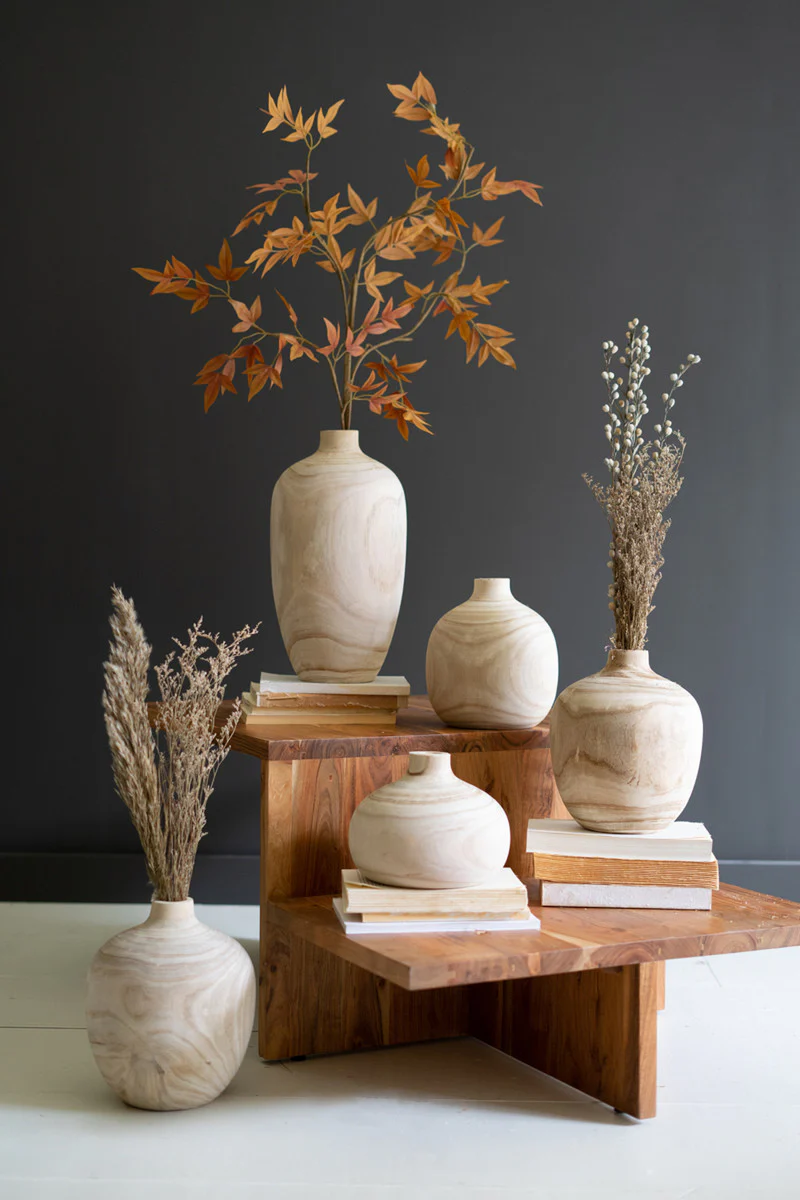 Carved Wooden Bulb Vases - One Each Design Set Of 5 By Kalalou