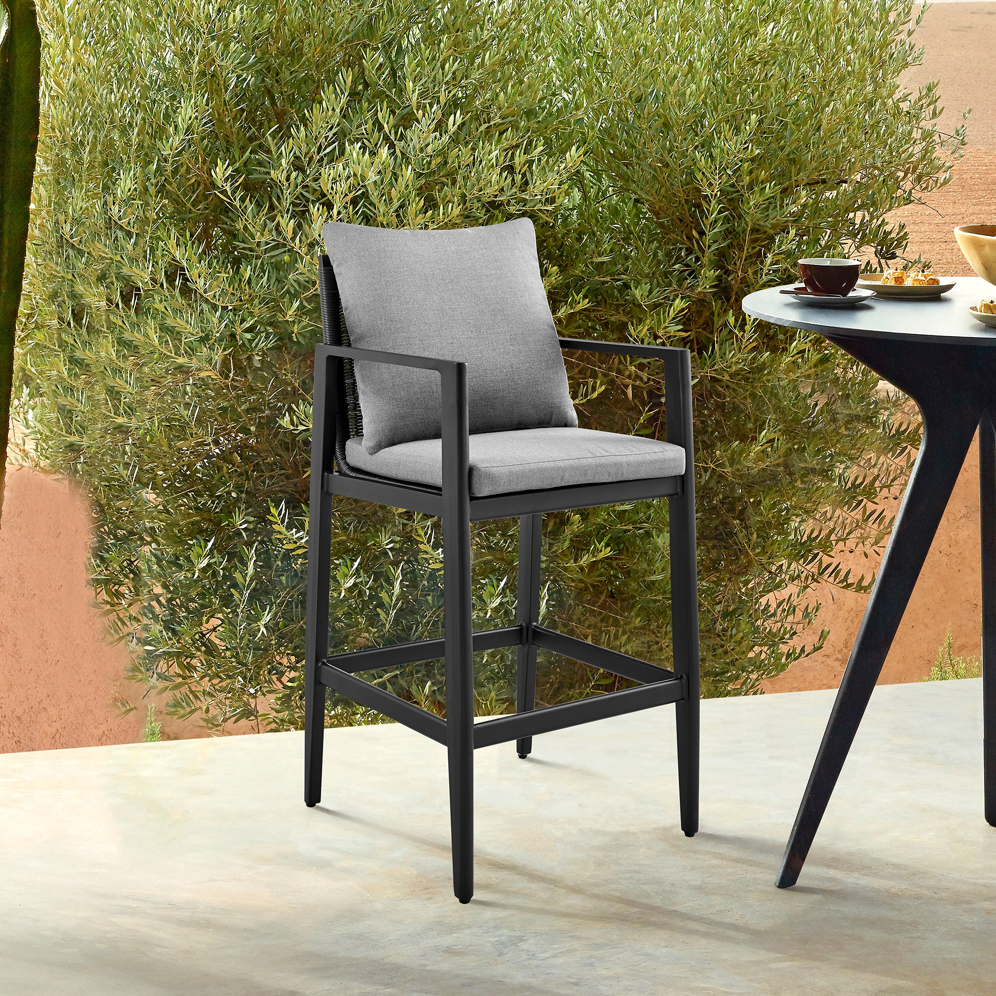 Cayman Outdoor Patio Bar Stool in Aluminum with Gray Cushions By Armen Living