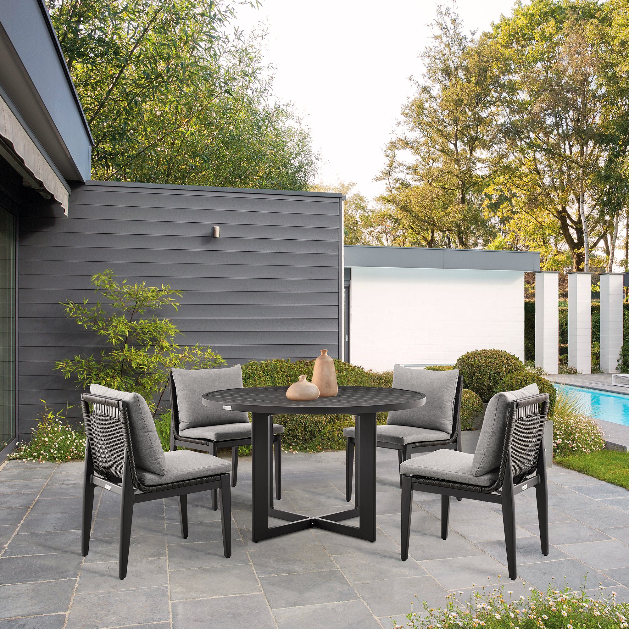 Cayman Outdoor Patio Dining Chairs in Aluminum with Gray Cushions - Set of 2 By Armen Living - Image 2