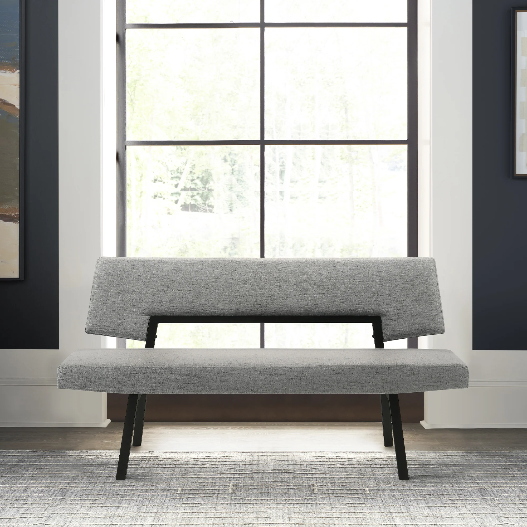 Channell Wood Dining Bench in Black Finish with Charcoal Fabric By Armen Living
