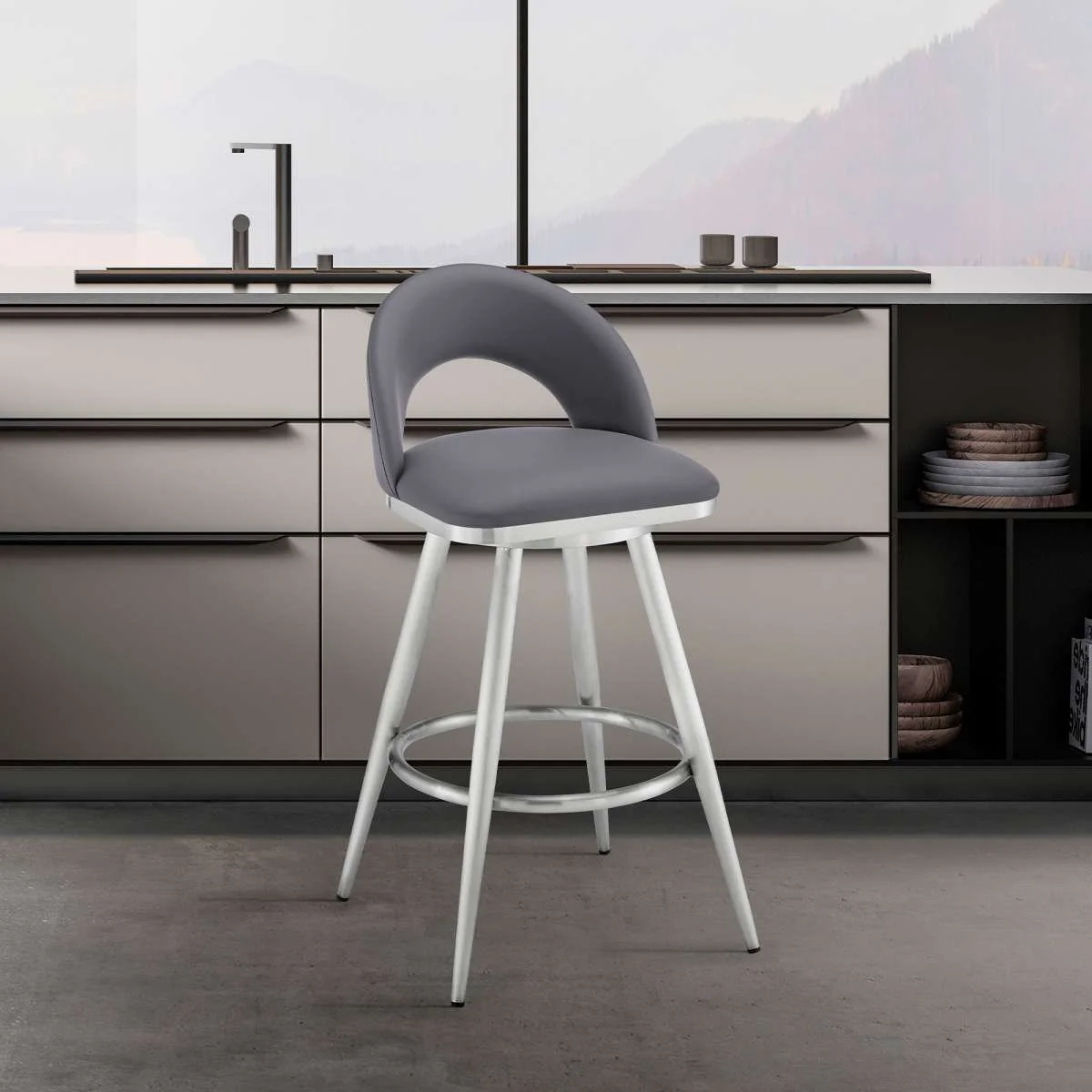 Charlotte 26" Swivel Counter Stool in Brushed Stainless Steel and Gray Faux Leather By Armen Living