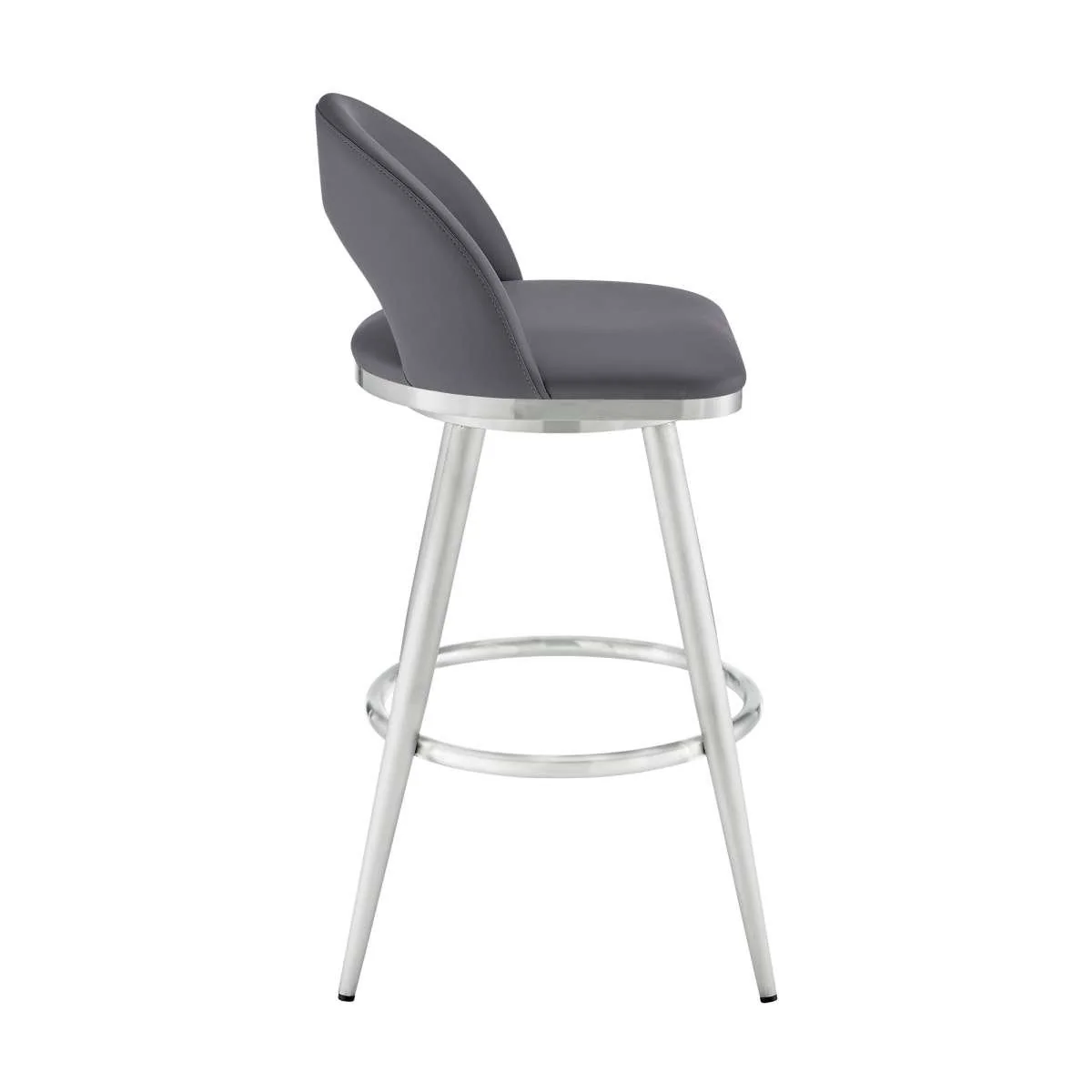 Charlotte 26" Swivel Counter Stool in Brushed Stainless Steel and Gray Faux Leather By Armen Living - Image 3