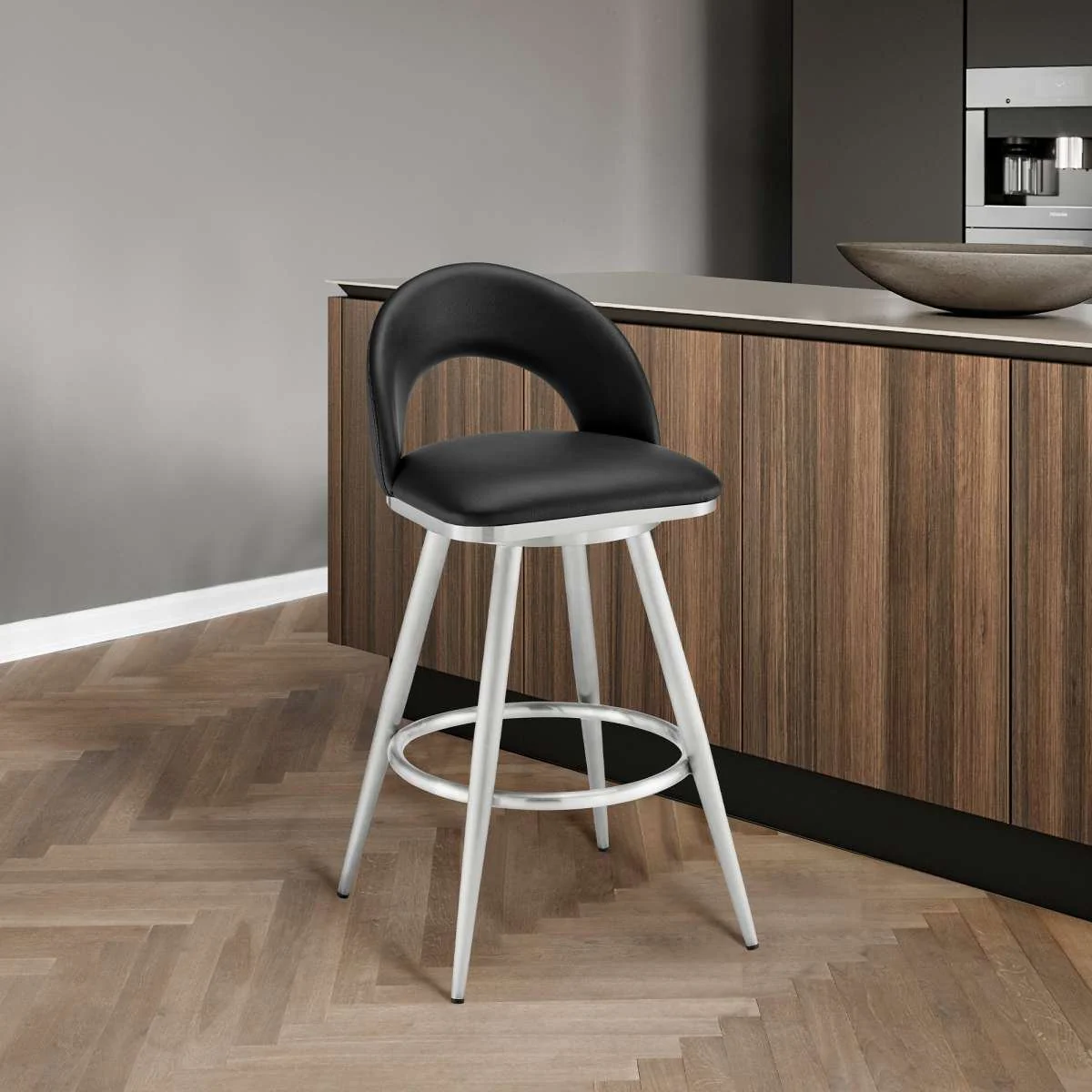 Charlotte 30" Swivel Bar Stool in Brushed Stainless Steel with Black Faux Leather By Armen Living