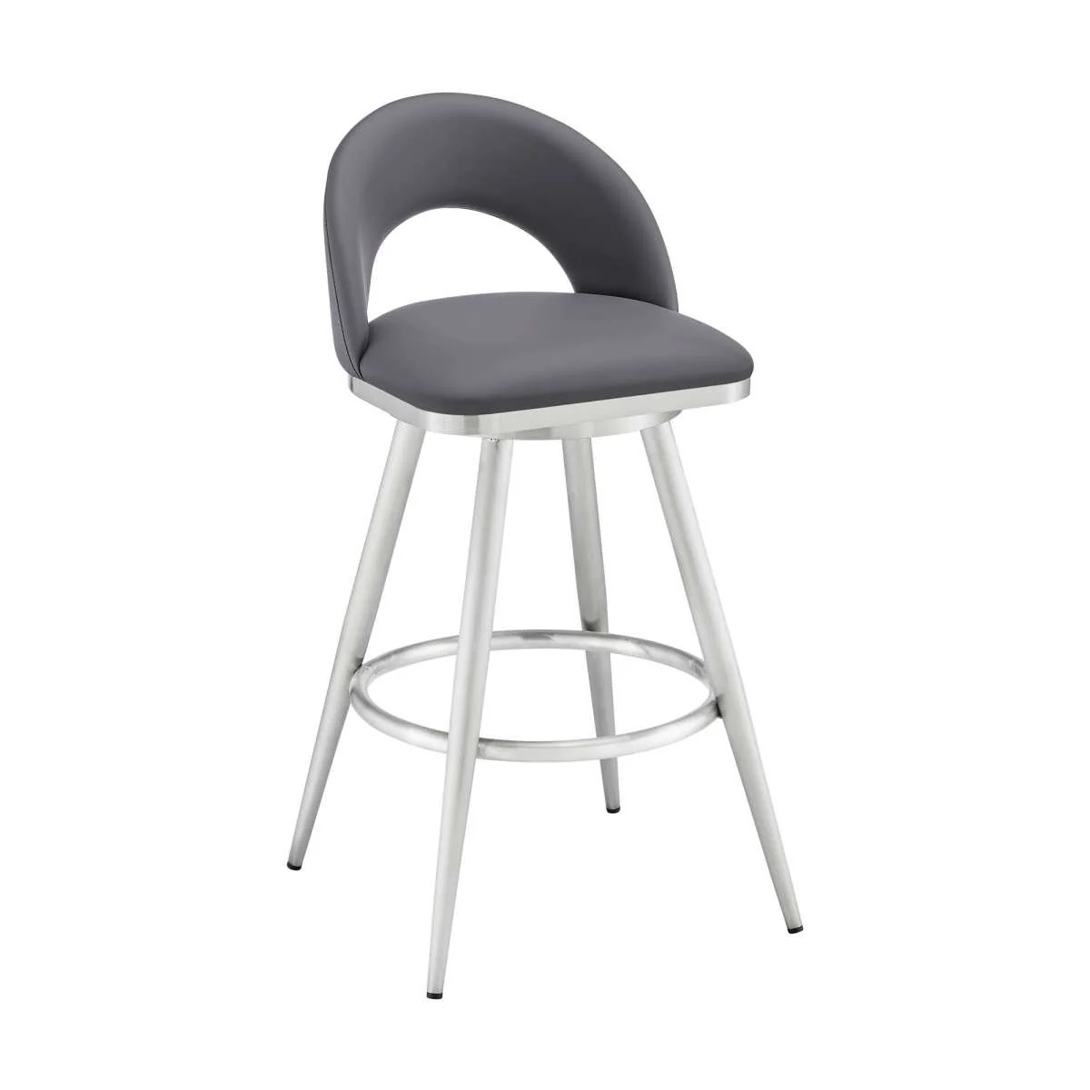 Charlotte 30" Swivel Bar Stool in Brushed Stainless Steel with Gray Faux Leather By Armen Living - Image 2
