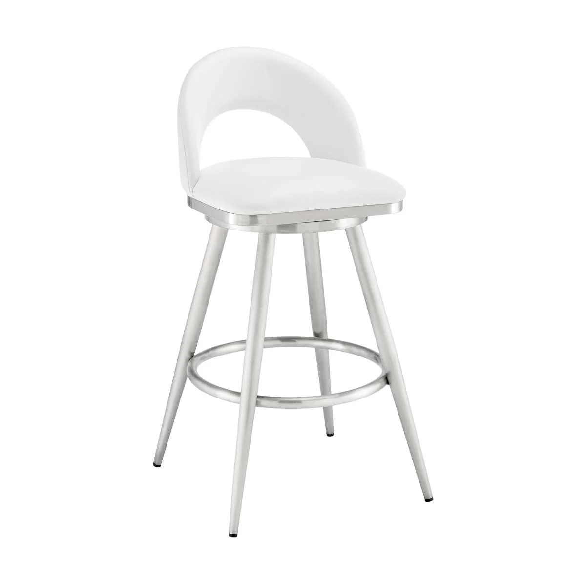 Charlotte 30" Swivel Bar Stool in Brushed Stainless Steel with White Faux Leather By Armen Living - Image 2