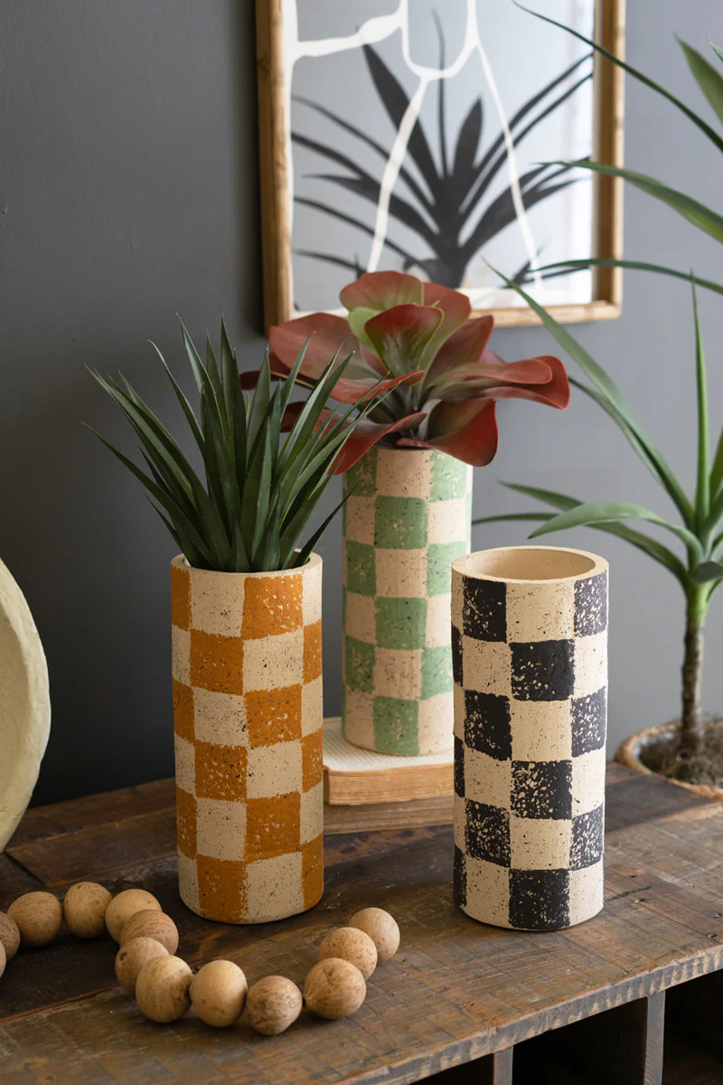 Checkered Clay Cylinder Vases Set Of 3 By Kalalou