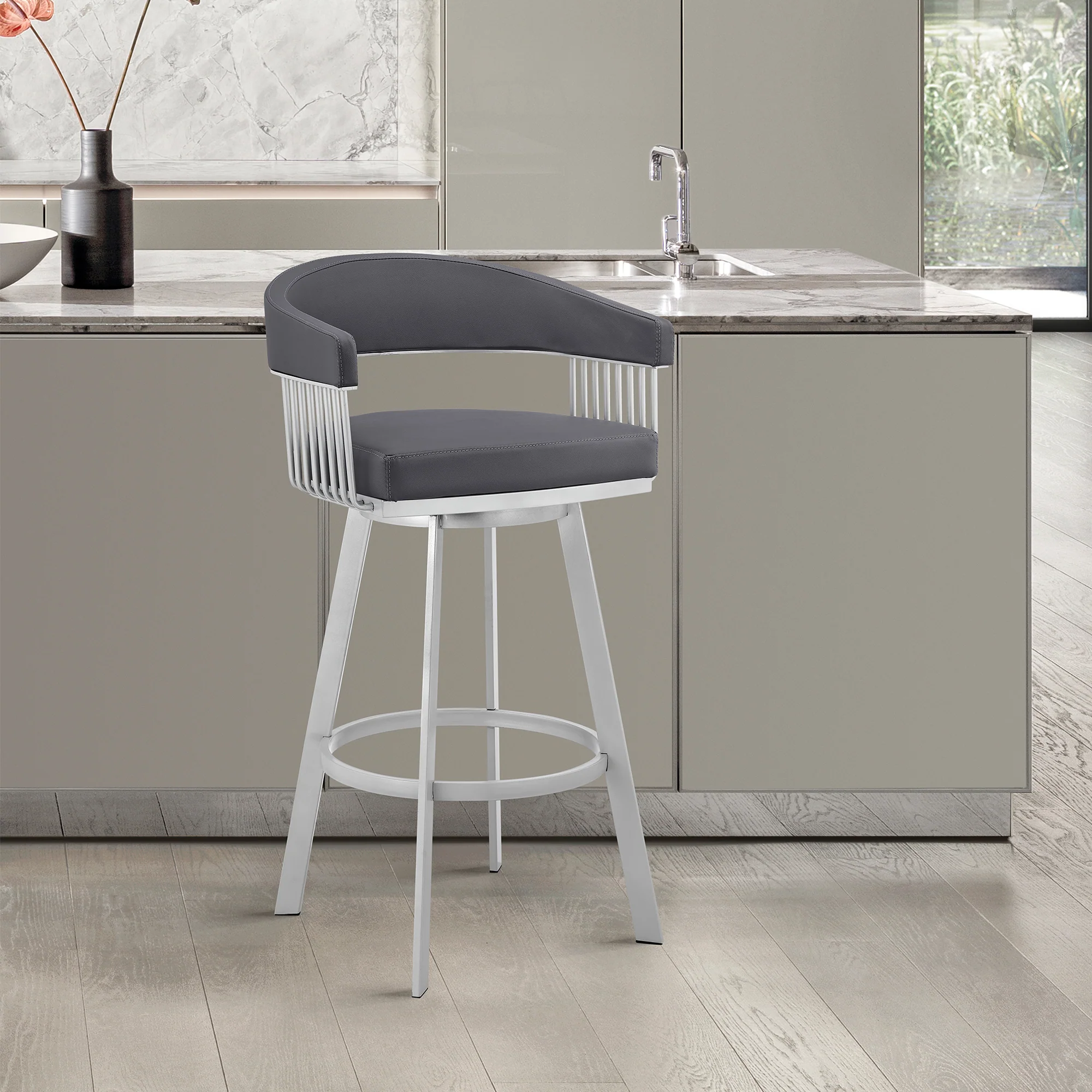 Chelsea 25" Slate Grey Faux Leather and Silver Metal Bar Stool By Armen Living