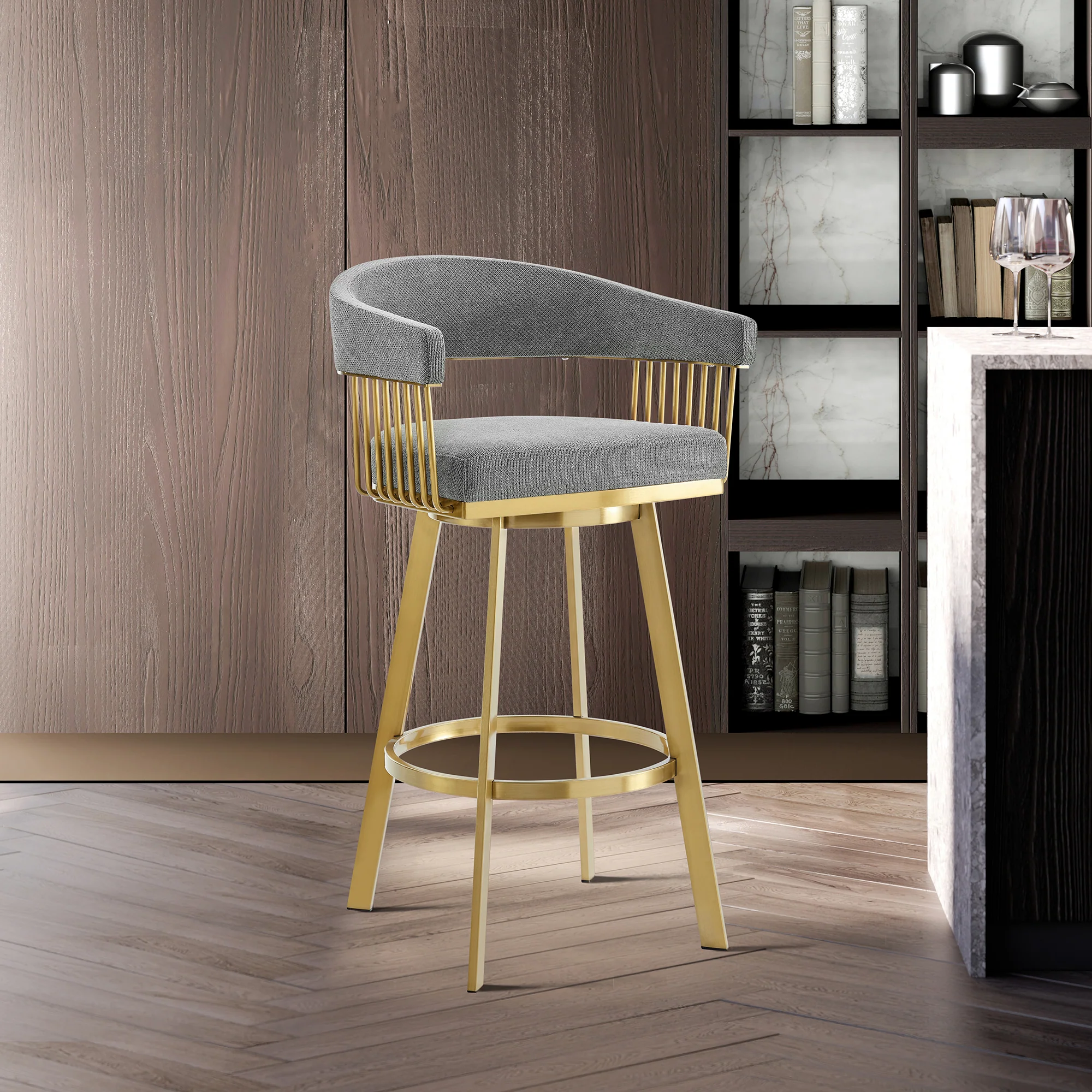 Chelsea 26" Swivel Counter Stool with Gold Brushed Stainless Steel and Anchor Gray Fabric By Armen Living