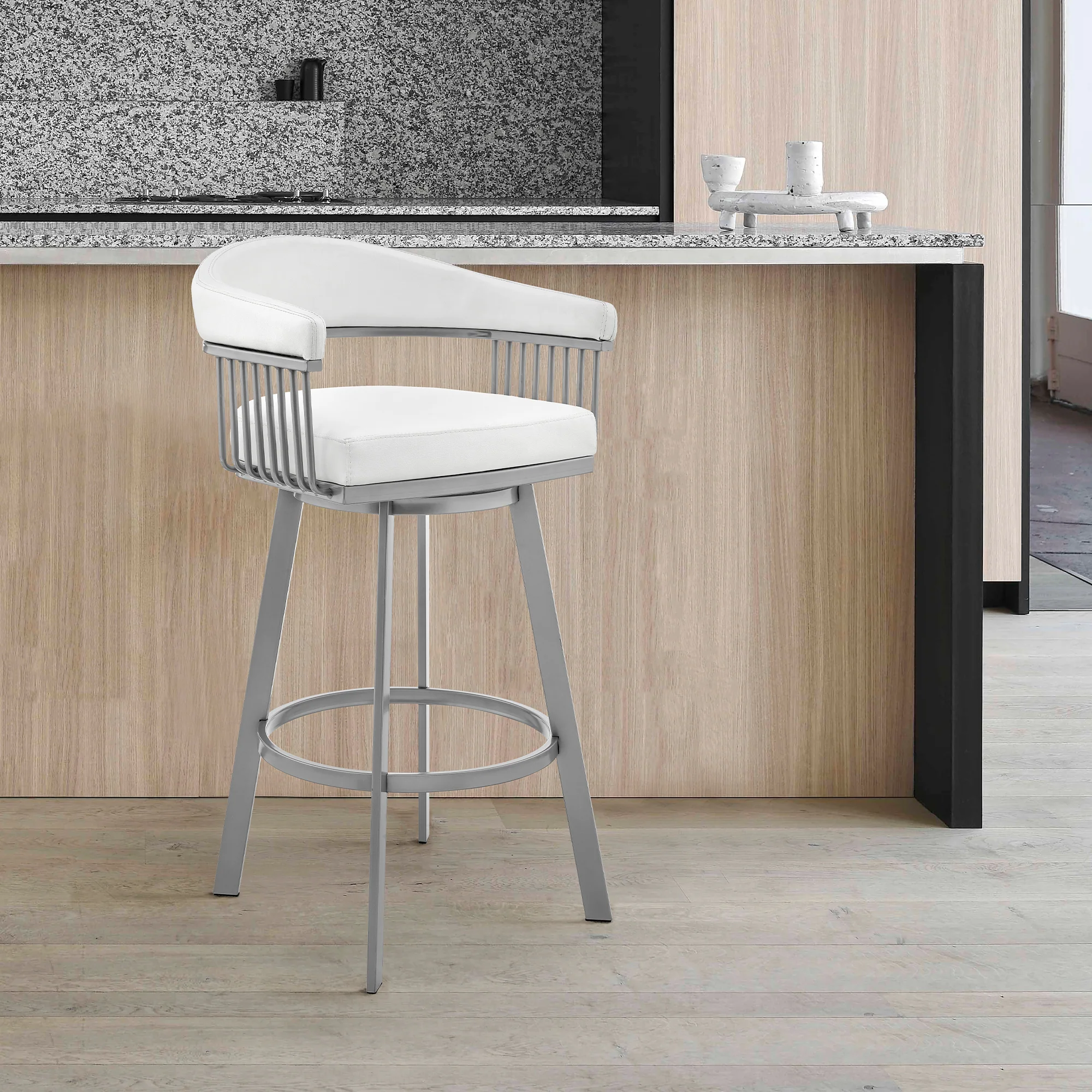 Chelsea 30" Bar Height Swivel Bar Stool in Silver finish and White Faux Leather By Armen Living