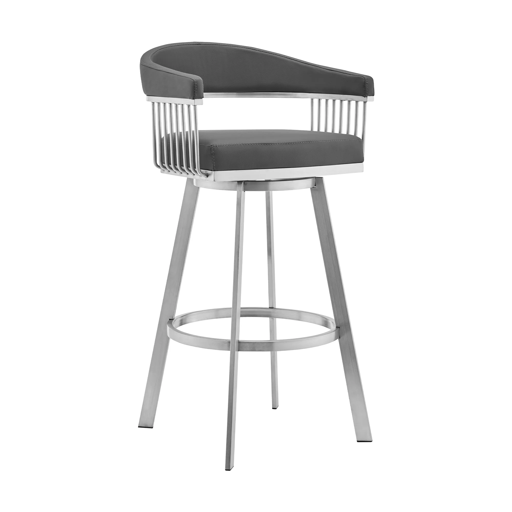 Chelsea 30" Gray Faux Leather and Brushed Stainless Steel Swivel Bar Stool By Armen Living - Image 2