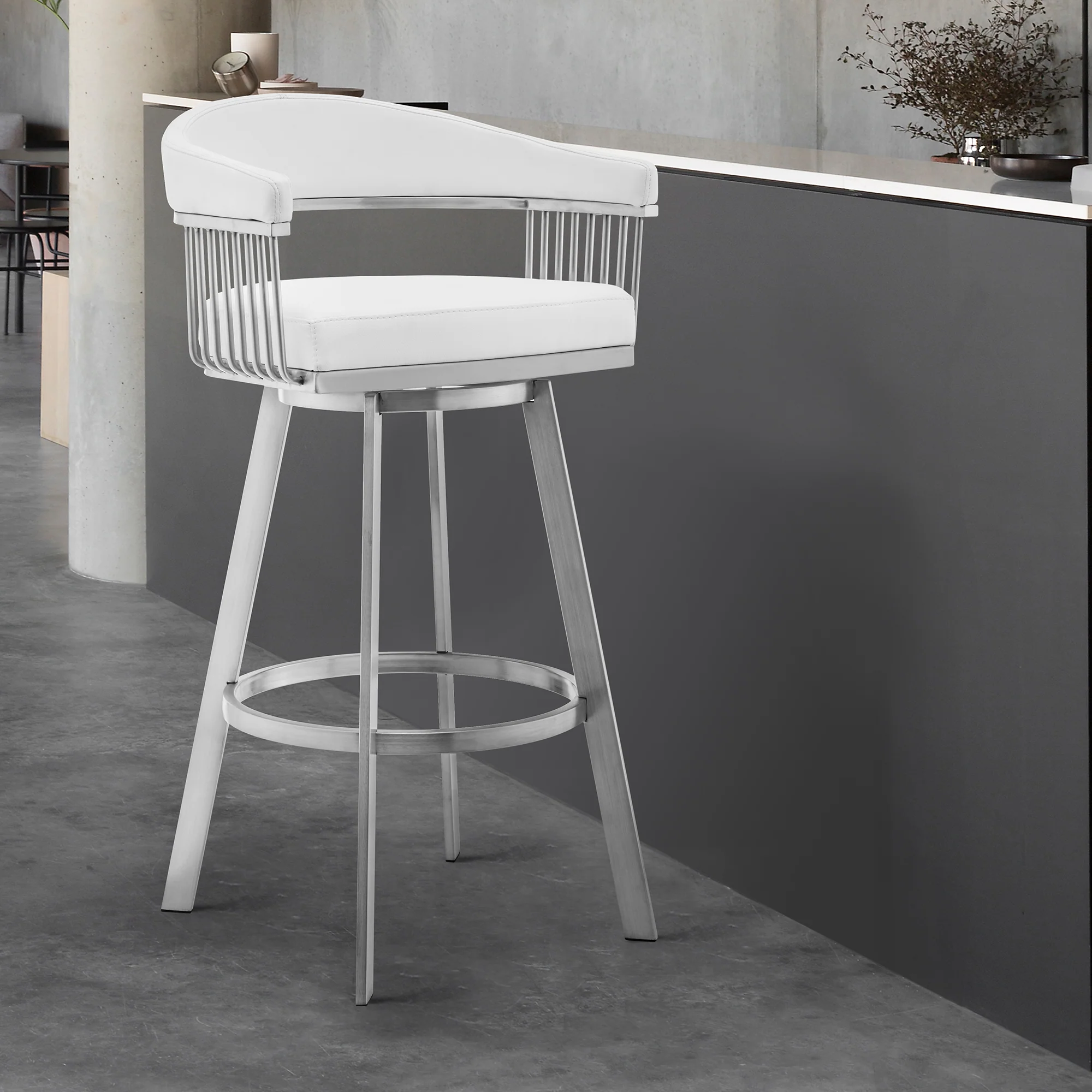 Chelsea 30" White Faux Leather and Brushed Stainless Steel Swivel Bar Stool By Armen Living